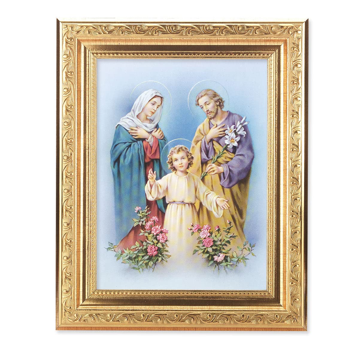 Holy Family Religious Wall Art Decor - Gold Leaf Antique Framed Picture with Acanthus Leaf Design for Home, Church & Office Decor