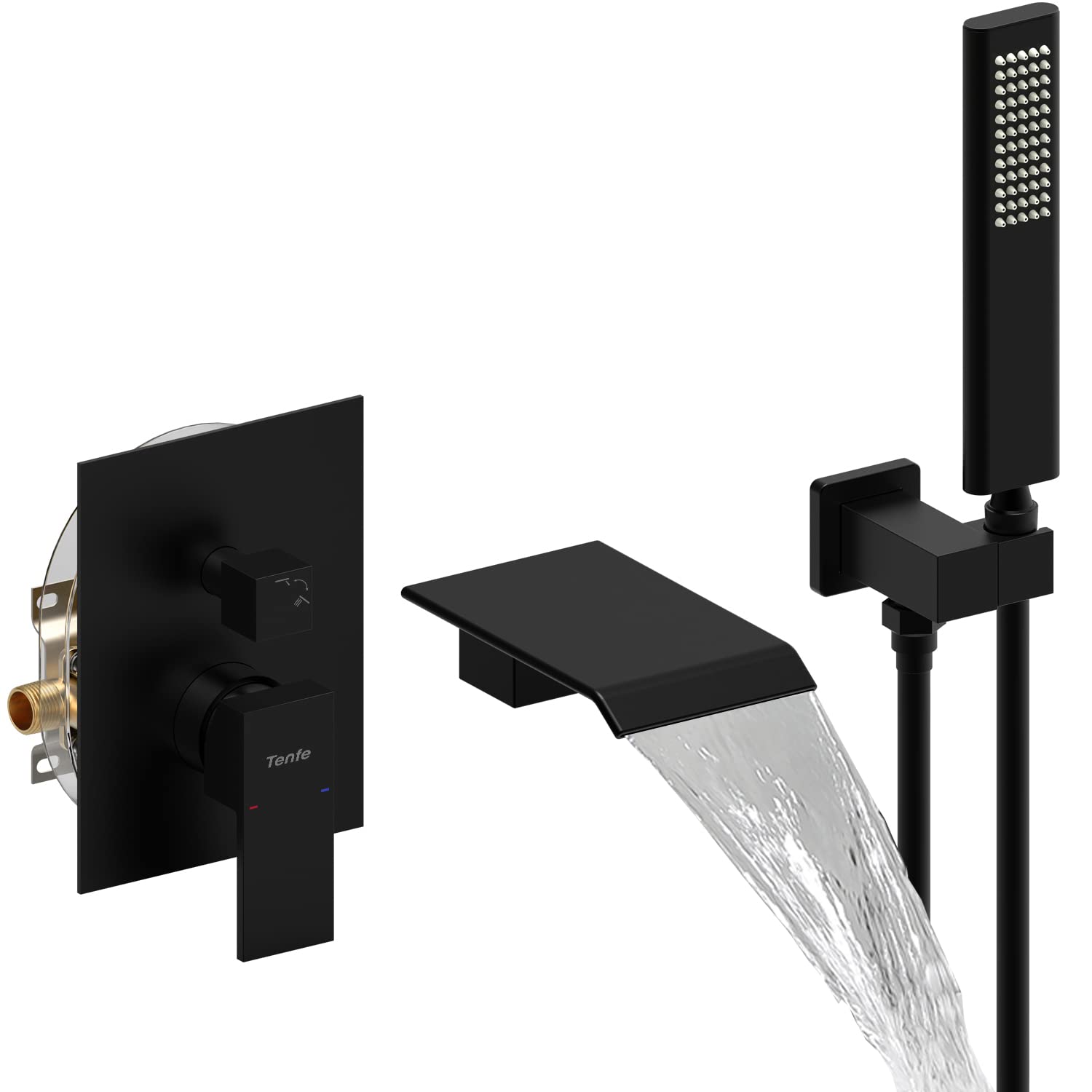 Tenfe Matte Black Waterfall Tub Faucet with Hand Shower - Wall Mount Bathtub Shower System with Solid Brass Rough-in Valve & Trim Kit | Perfect for Modern Bathroom Renovations & Spa-Like Shower Experience