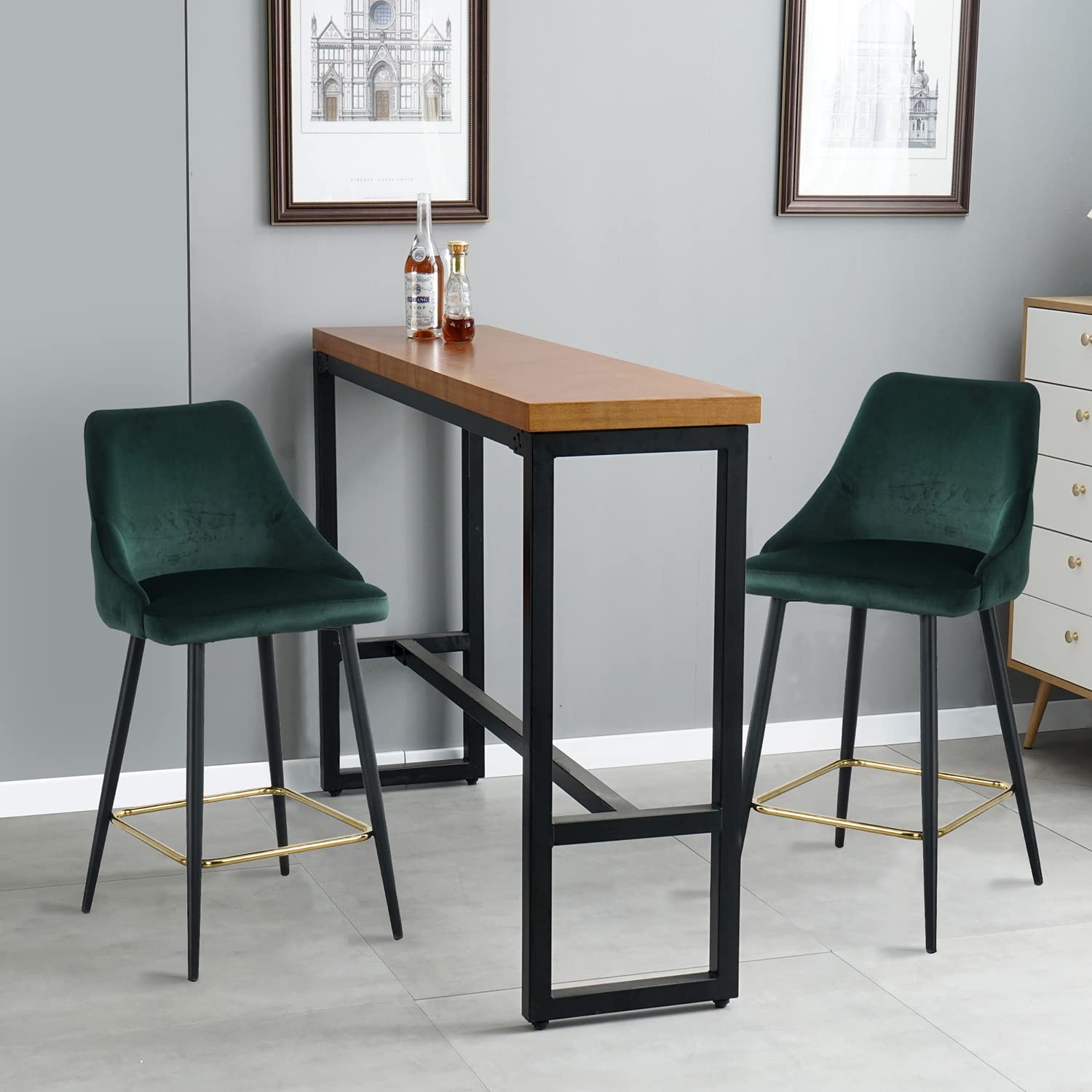 Yoluckea Modern Velvet Counter Height Bar Stools Set of 2 - Back Support & Footrest, Upholstered Armless Barstools for Kitchen Island, Breakfast Nook, Dining Room & Home Bar (B-Green)