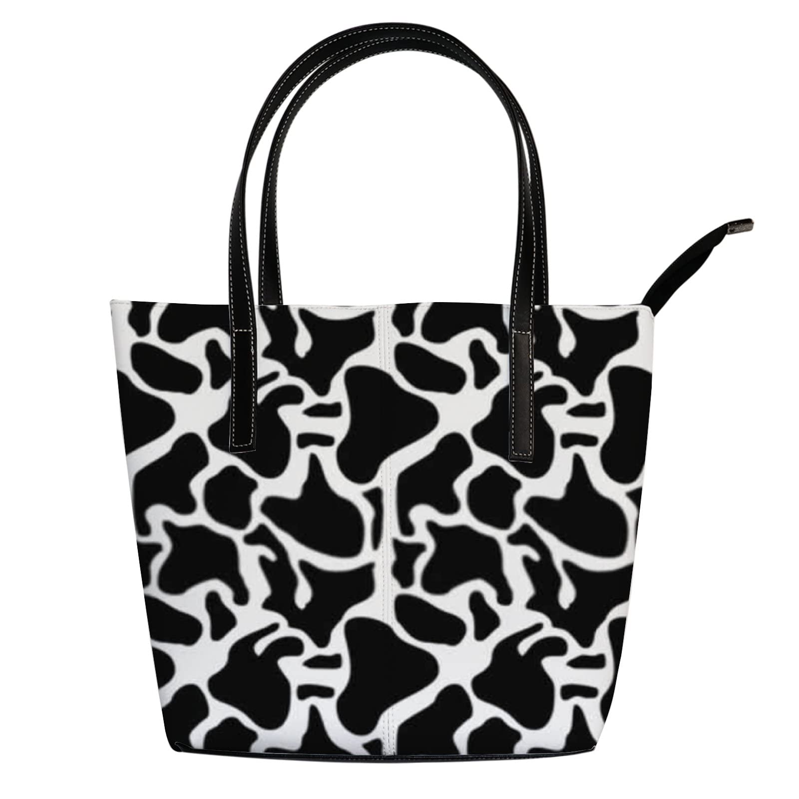 Stylish Black and White Cow Print Leather Tote Bag for Women - Fashionable Crossbody & Work Handbag with Zipper | Perfect for Office, Travel & Daily Use