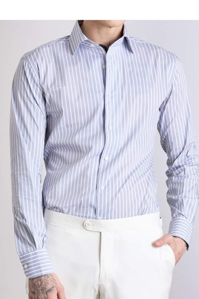 Cooper Shirt - One Piece Collar Grey with White Stripe Cotton Men's Casual Shirt | Perfect for Office Wear, Date Night & Weekend Outfits