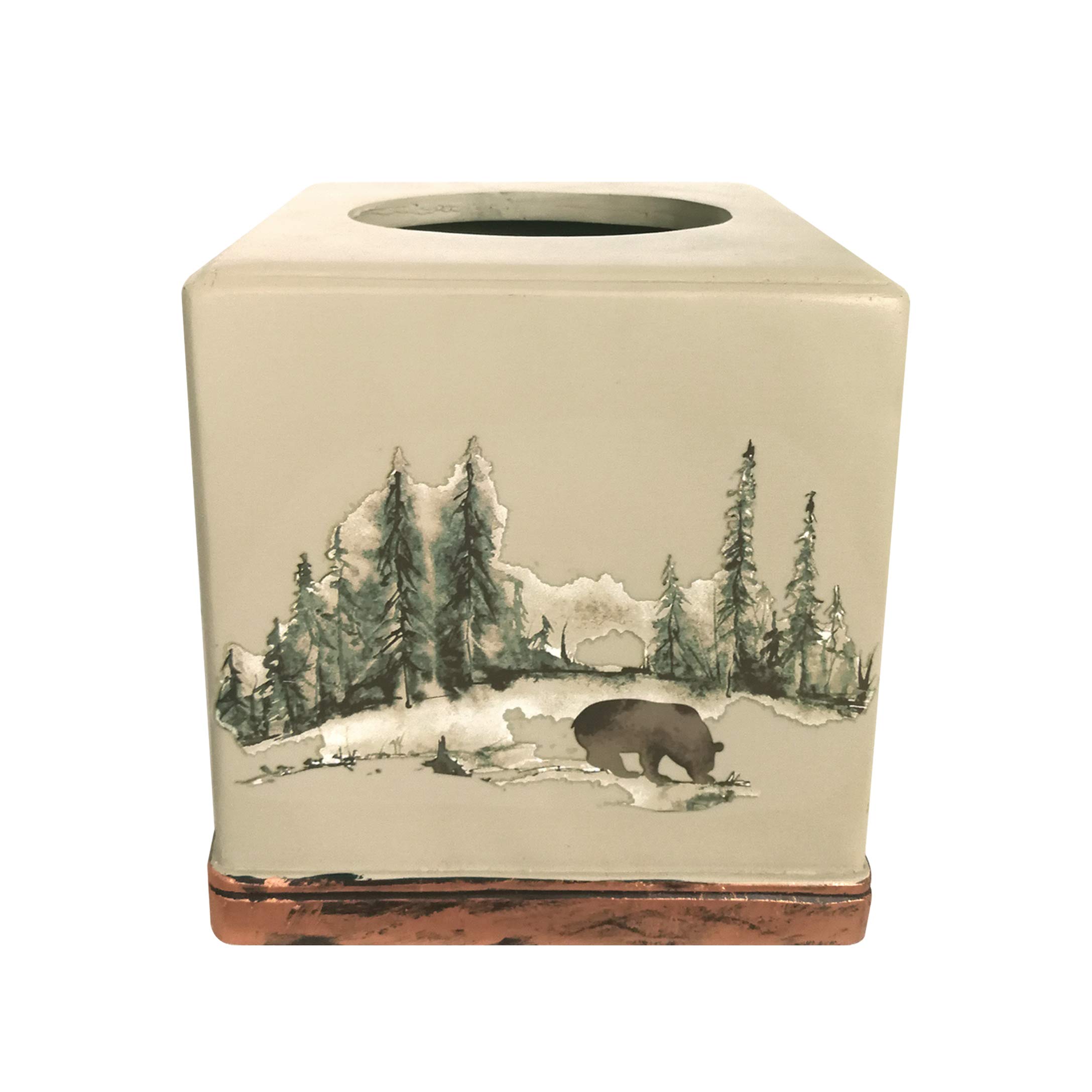 HiEnd Accents Joshua Ceramic Tissue Box Cover - Rustic Bathroom Countertop Accessories with Bear Forest Pine Tree Cabin Theme | Perfect for Cabin Decor, Lodge Style Bathrooms & Country Home Décor