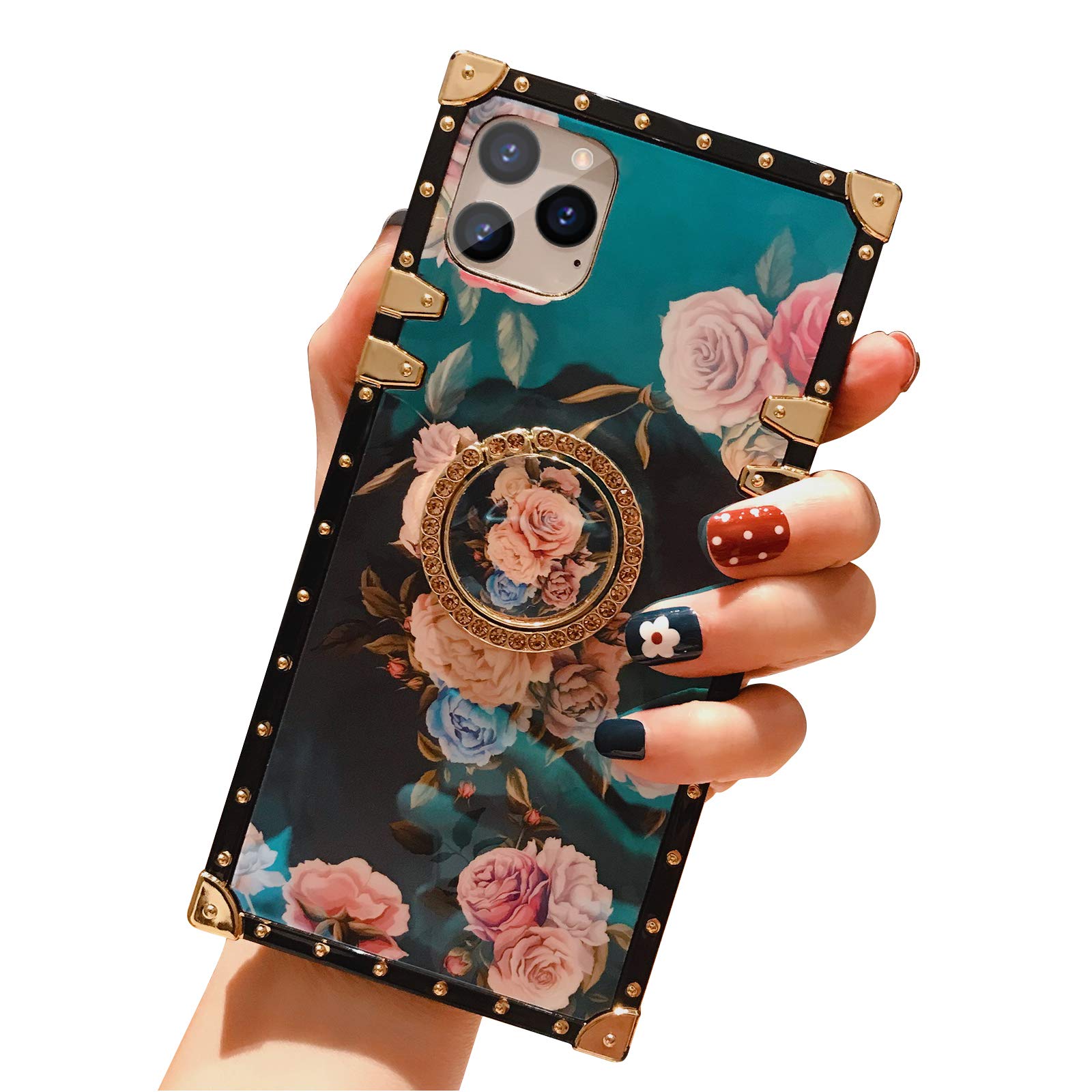 Premium Floral Luxury iPhone 11 Pro Max Case - Elegant Square TPU Cover with Ring Stand Holder, Shockproof Protection & Metal Decor for Women (Perfect for Daily Use, Work & Travel) - Compatible with Apple iPhone 11 Pro Max