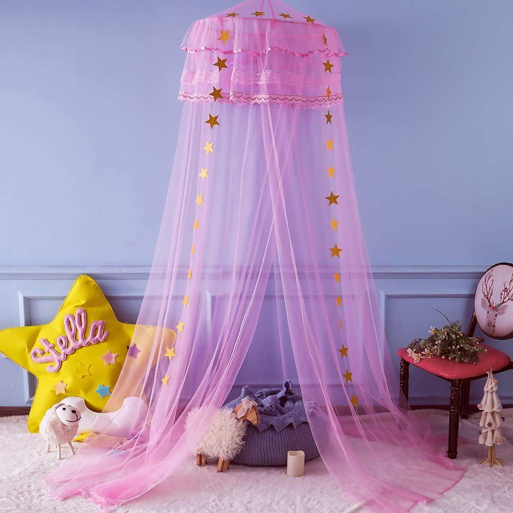 Twinkle Star 3-Layer Lace Princess Bed Canopy for Girls - Pink Ruffled Dome Mosquito Net for Baby Nursery, Toddler Room & Birthday Decor (Perfect for Bedroom, Party, Photo Backdrop & Fairy Tale Theme)