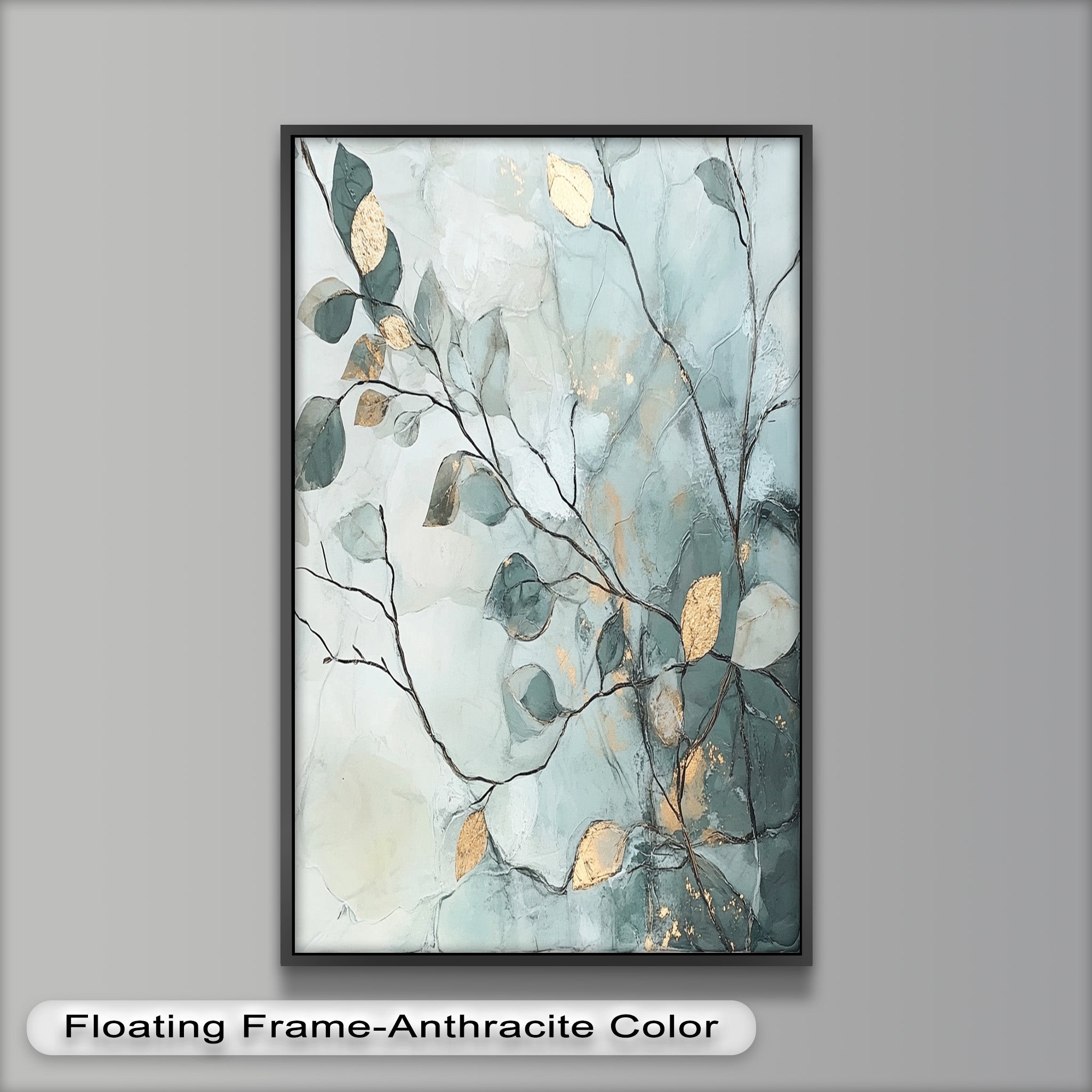 Blue and Metallic Leaf Branch Abstract Oil Painting - Handmade Canvas Wall Art for Living Room, Bedroom & Office Decor