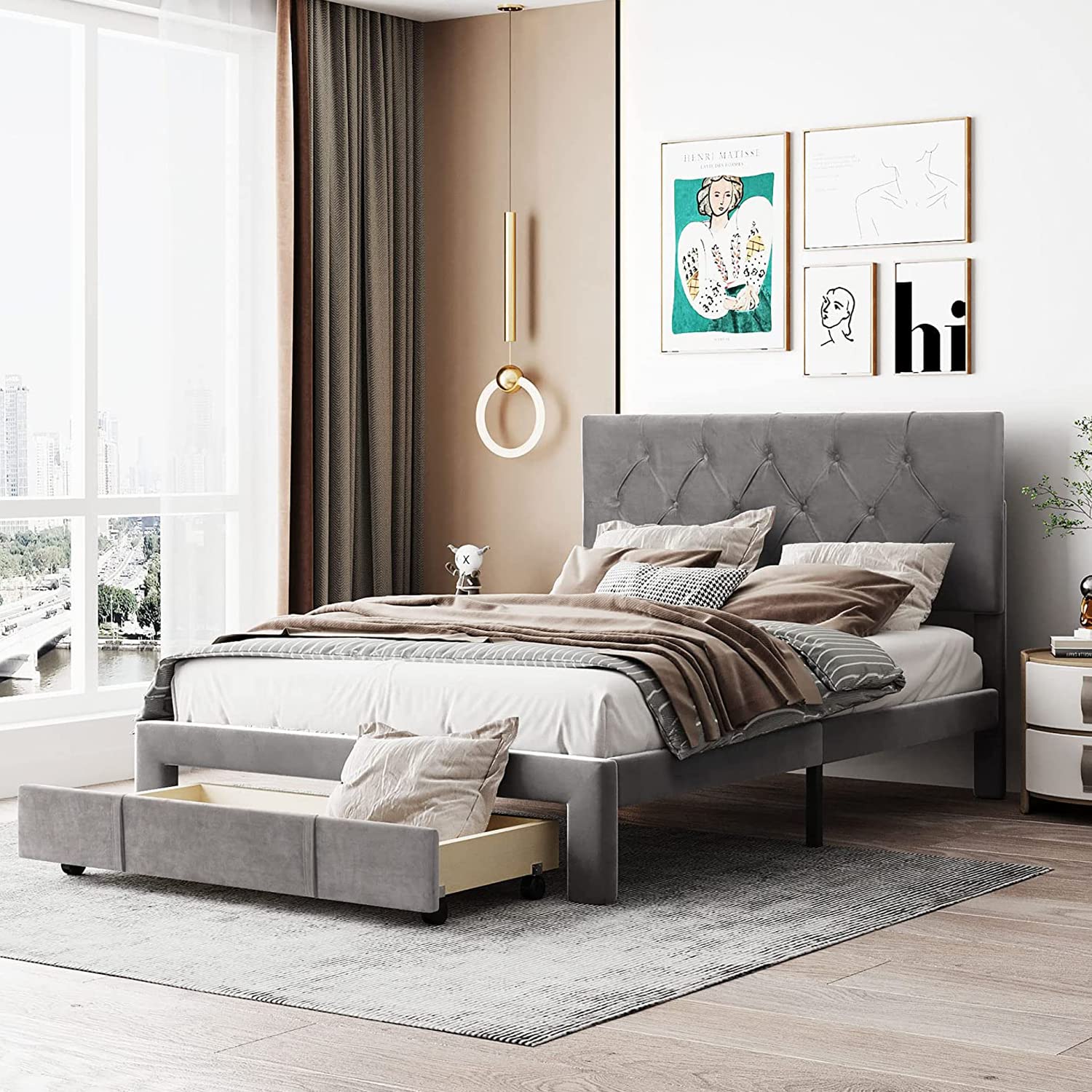 Full Size Platform Bed Frame with Storage Drawers - Velvet Upholstered Wooden Slat Support - No Box Spring Needed - Easy Assembly (Grey) - Perfect for Small Bedrooms & Modern Apartments