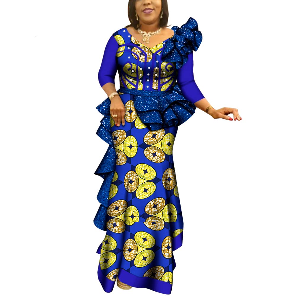 BAZINRICHE African Print Dress for Women | Ankara Fabric Wedding & Party Gowns | V-Neck Pearls Bridesmaid Dresses | Plus Size Formal Attire for Bridal Showers, Cultural Events & Special Occasions
