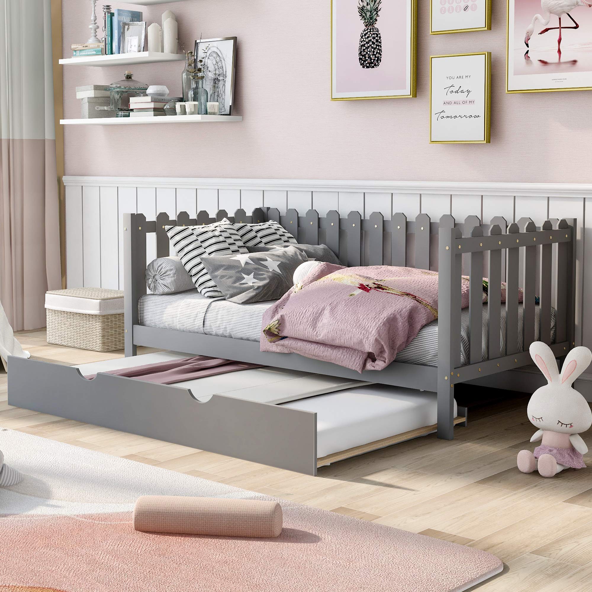 Kteam Rustic Style Twin Size Daybed with Trundle - Solid Wood Twin Daybed Frame with Headboard & Footboard for Kids & Teens - Perfect for Guest Rooms, Dorm Rooms & Small Spaces (Grey)