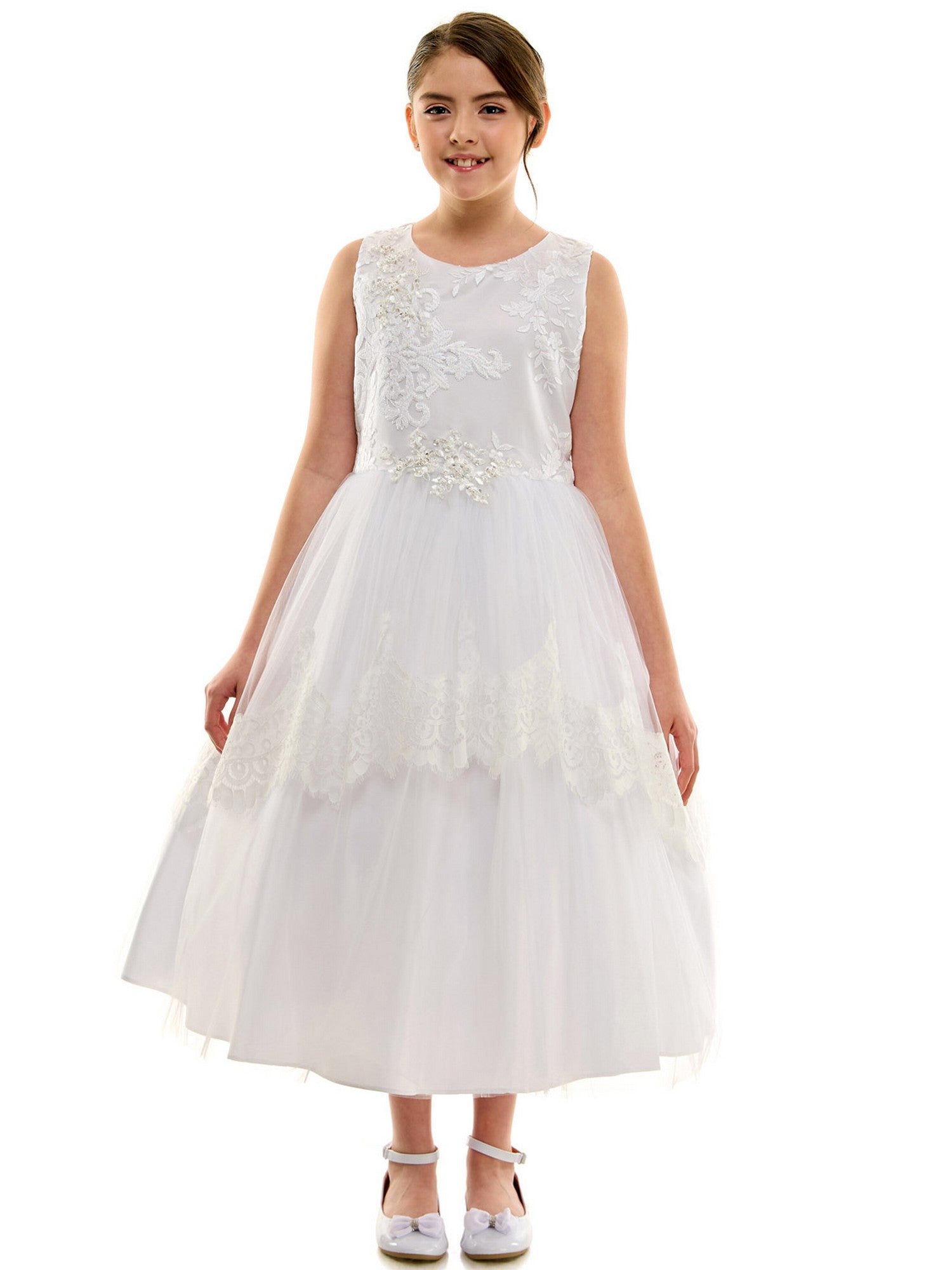 Elegant White Beaded Lace Communion Dress for Big Girls Size 8-16 - Perfect for First Communion, Baptism, and Special Occasions
