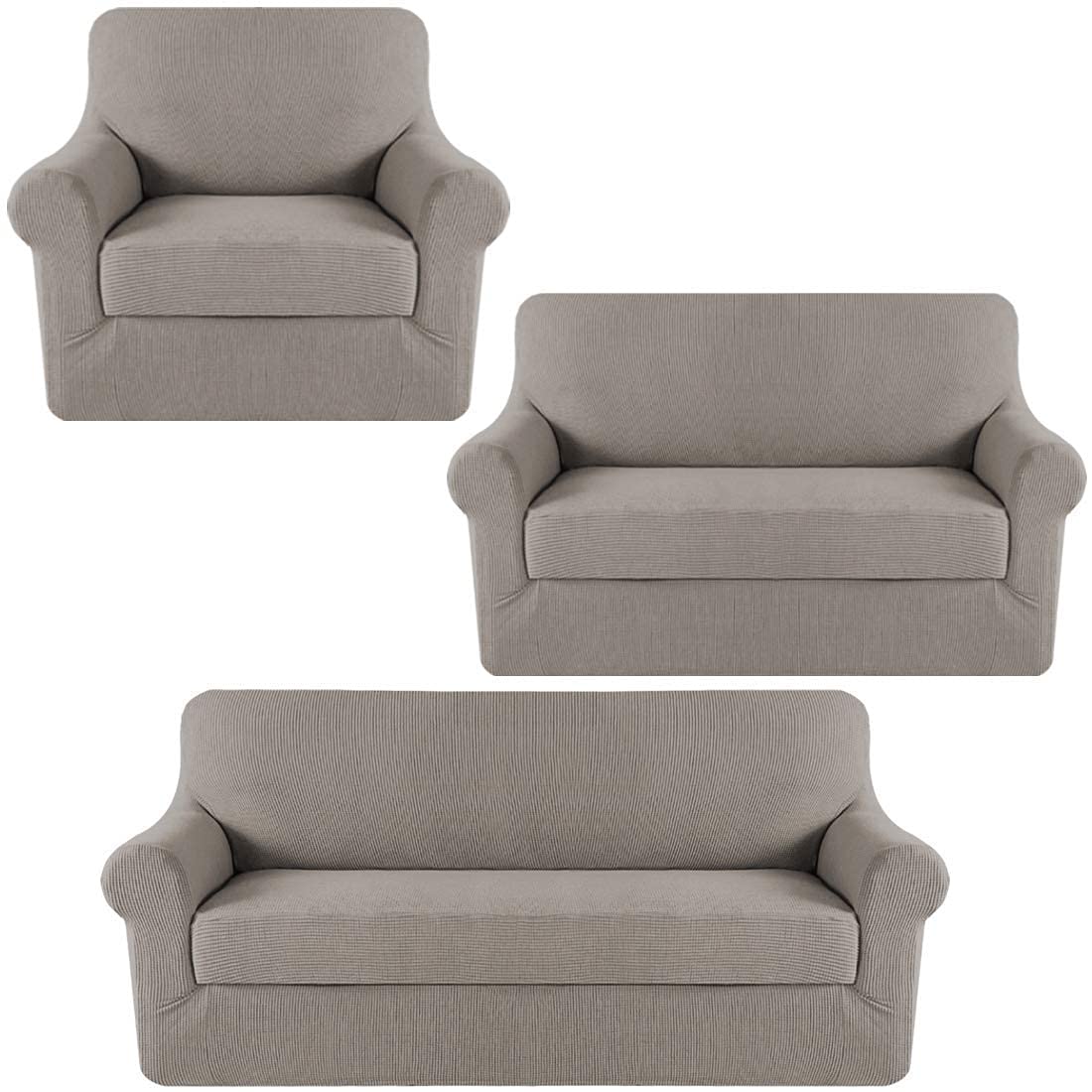H.VERSAILTEX Stretch Sofa Covers for 3 Cushion Couch - 2 Piece Spandex Slipcover Set for Loveseat & Chair, Taupe - Perfect for Living Room, Apartment & Pet-Friendly Furniture Protection
