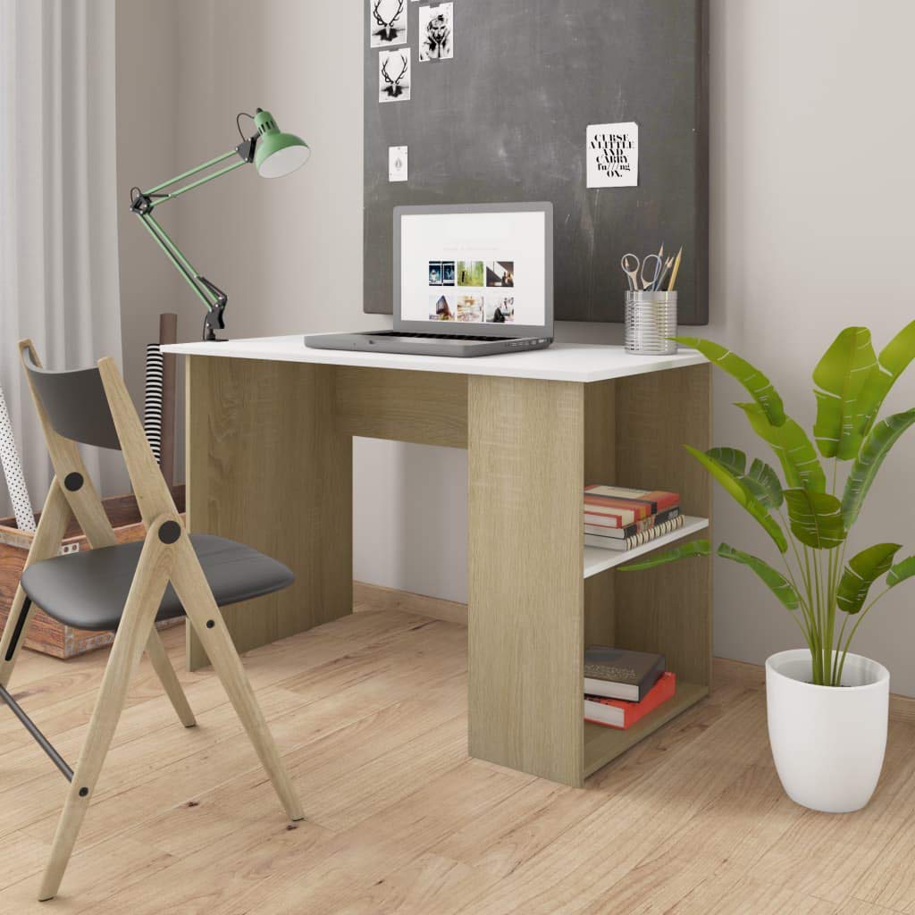 Modern Computer Desk with Storage Shelves & Bookshelf - Home Office Writing Study Desk in White & Sonoma Oak - 43.3