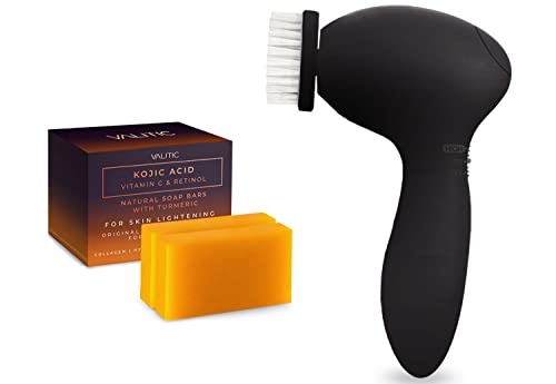 Valitic Skin Brightening Kit with Kojic Acid Soap (2 Pack) - Vitamin C, Retinol, Collagen & Turmeric Facial & Body Cleanser - Exfoliating Brush for Men & Women - Perfect for Daily Skincare & Hyperpigmentation Treatment