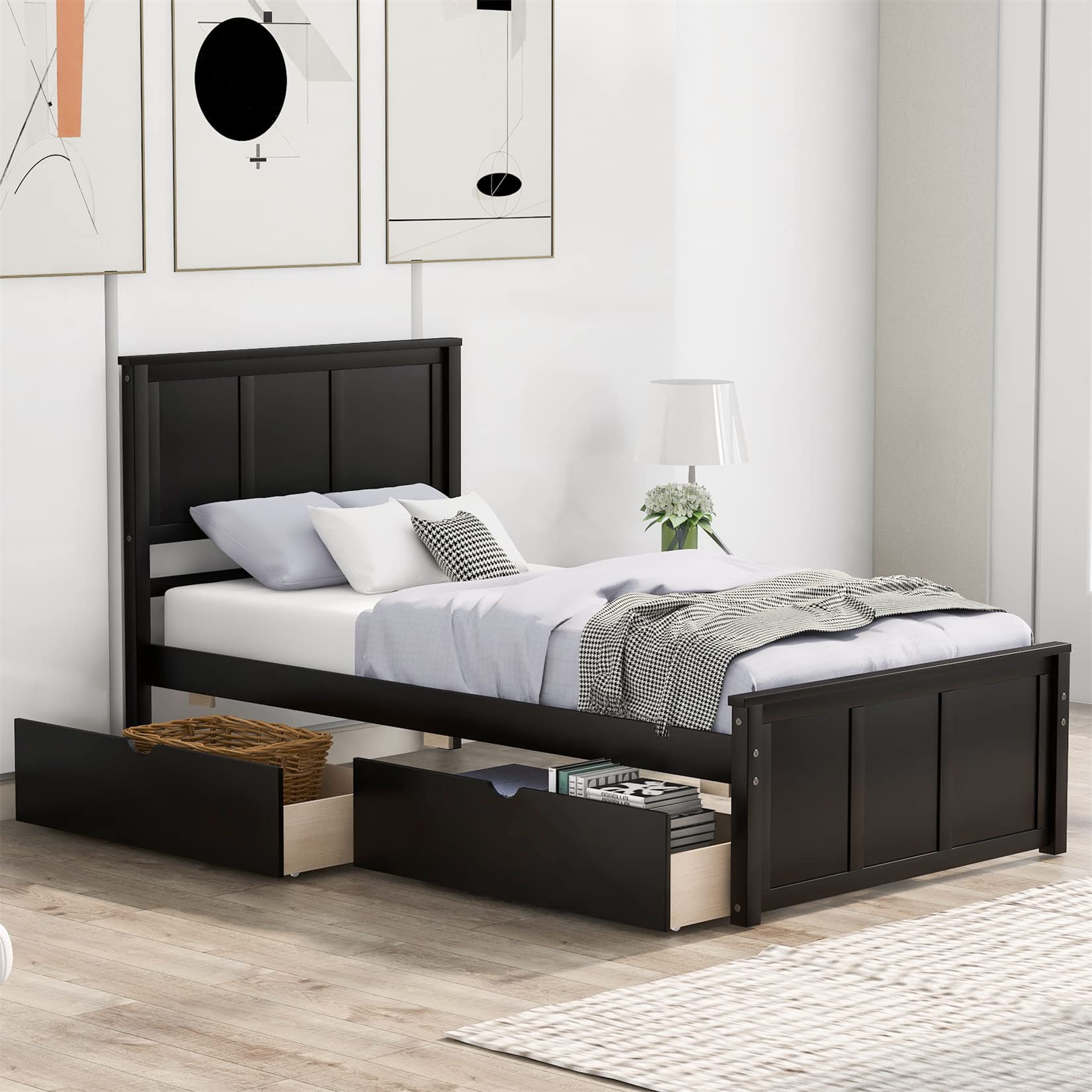 **Twin Size Wooden Platform Bed Frame with Storage Drawers, Headboard & Footboard - Espresso Finish for Boys, Girls, Kids & Teens - Perfect for Small Bedrooms, Guest Rooms & Dormitories**