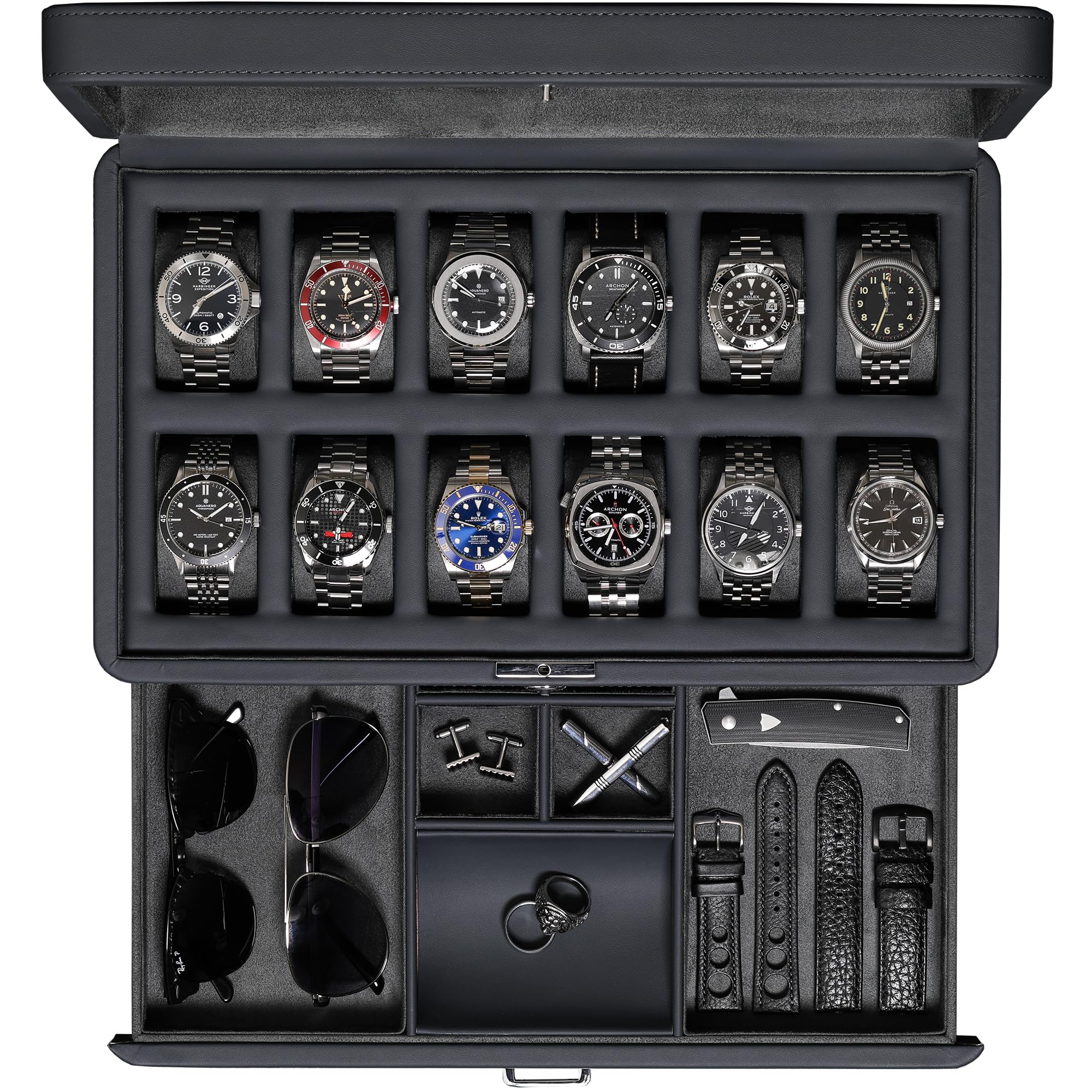 ROTHWELL Luxury Watch Box for 12 Watches – PU Leather Watch Organizer with Glass Display Lid & Slide-Out Accessory Drawer – Perfect for Watch Collectors, Gifts, and Jewelry Storage (Carbon Black)