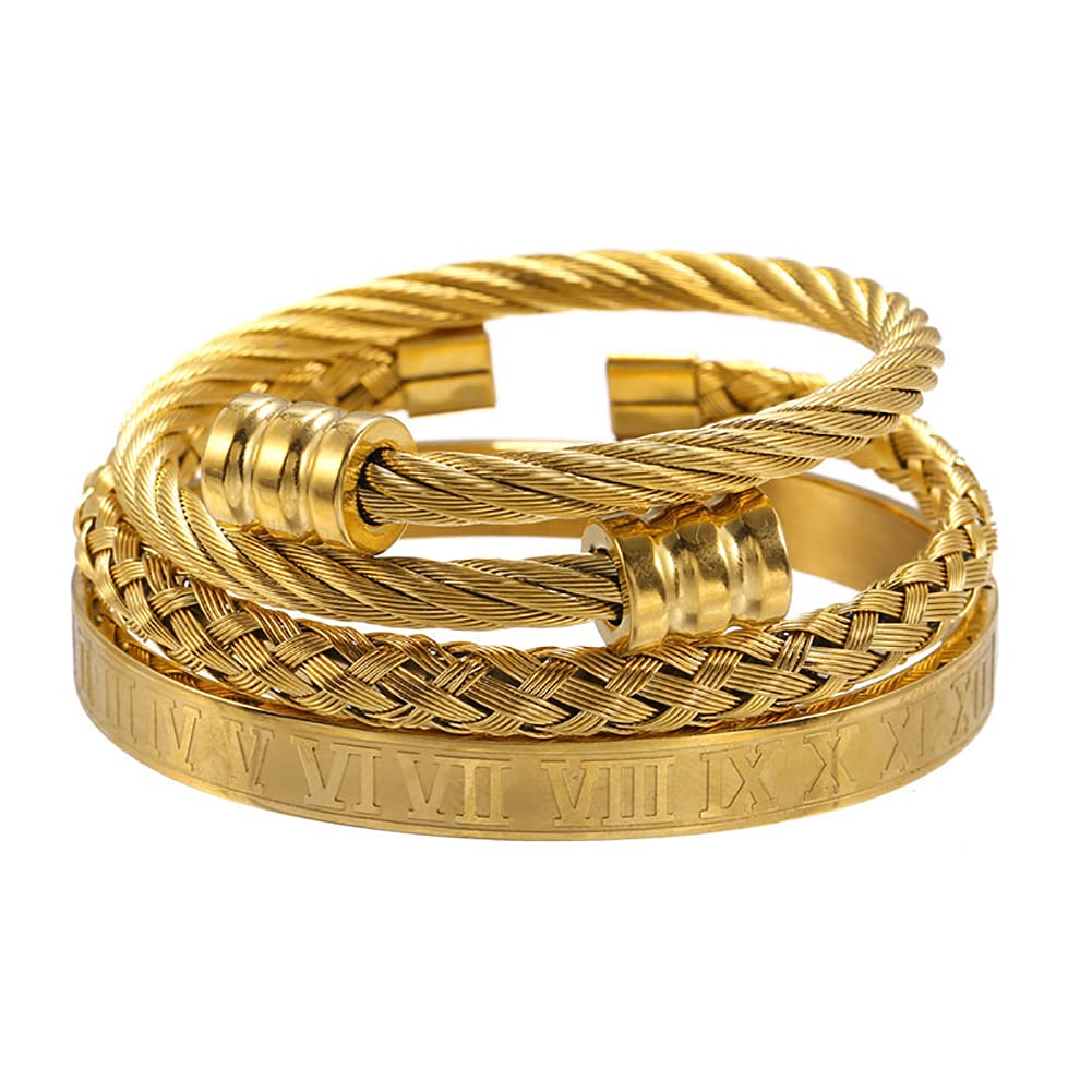 3PCS Roman Numeral Stainless Steel Bracelet Set for Men - Twisted Cable Adjustable Bangle | Perfect for Casual Wear, Gifts & Everyday Fashion (DD100)
