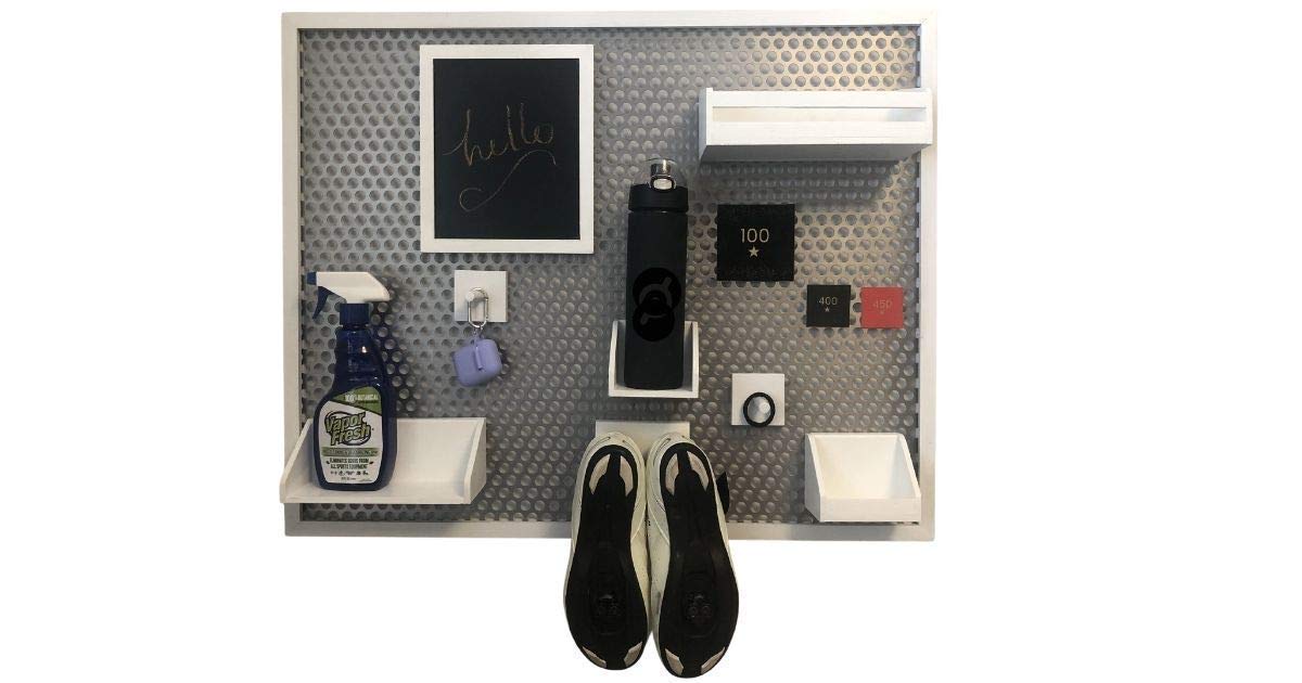 Wall Mounted Home Gym Storage Organizer - White/Black Metal Frame with Wooden Shelves & Hooks | Durable Wall Shelf for Dumbbells, Yoga Mats & Fitness Equipment | Perfect for Garage, Basement & Home Workout Spaces