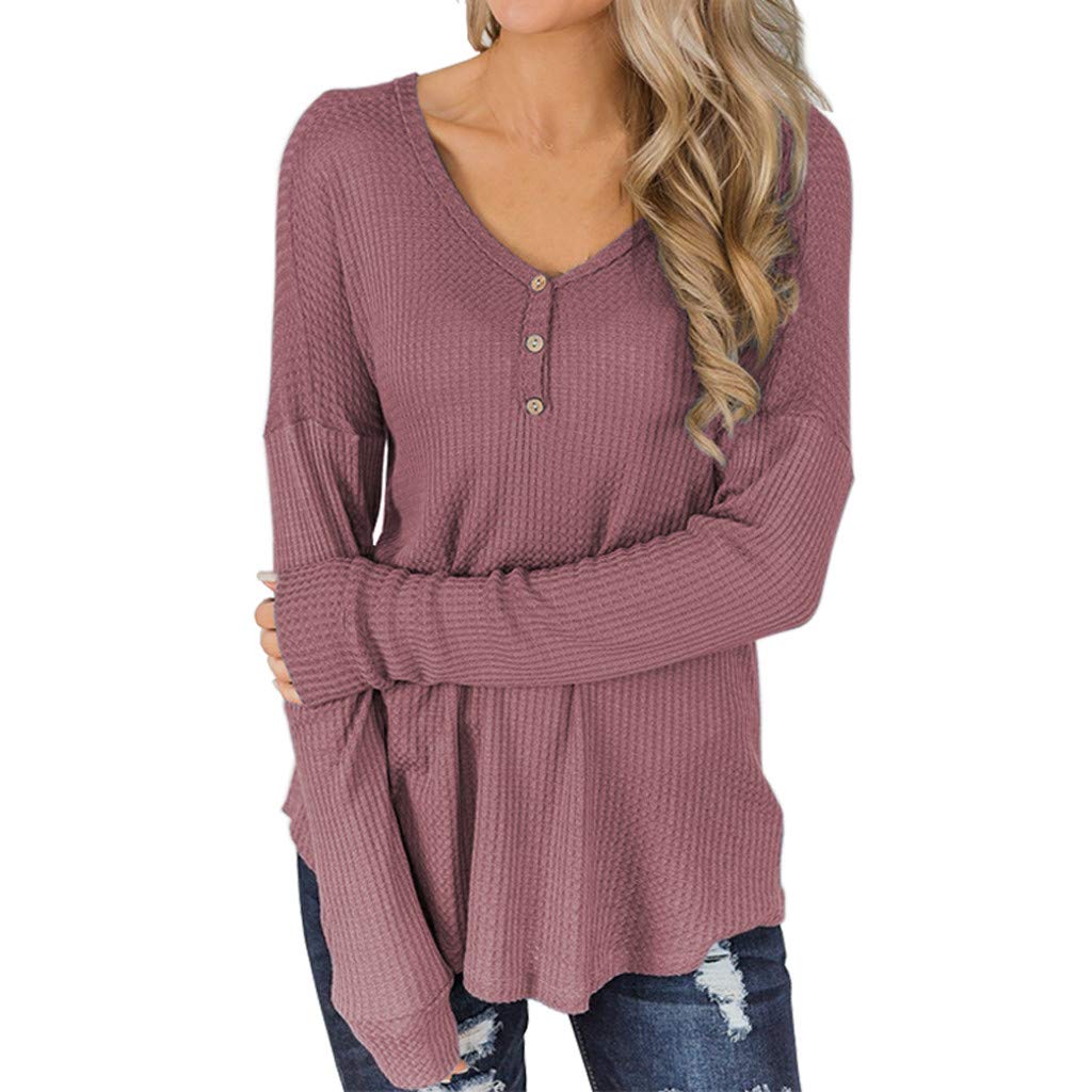 WOCACHI Women's Waffle Knit Tunic Sweater - Lace Pleated Hem Button V-Neck Pullover Blouse | Casual Office Wear & Autumn Layering Top