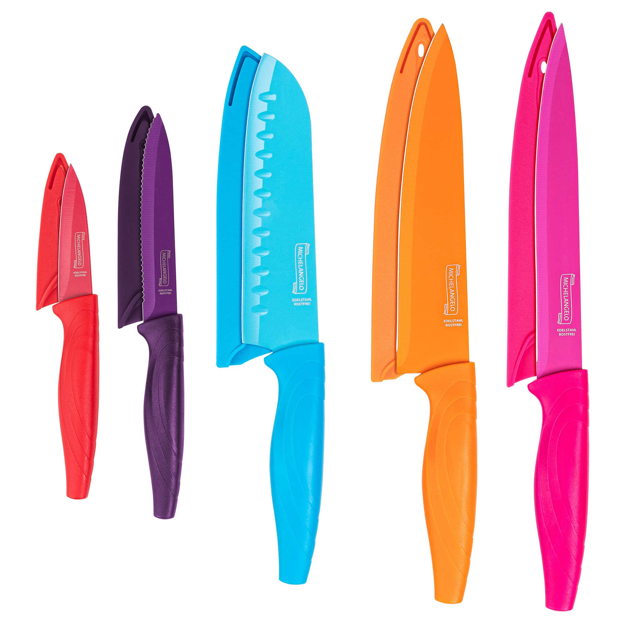 MICHELANGELO 10-Piece Rainbow Kitchen Knife Set - High Carbon Stainless Steel Knives with Blade Covers - Dishwasher Safe Colorful Chef Knife Collection for Cooking, Slicing & Food Prep - Perfect for Home Chefs & Professional Kitchens