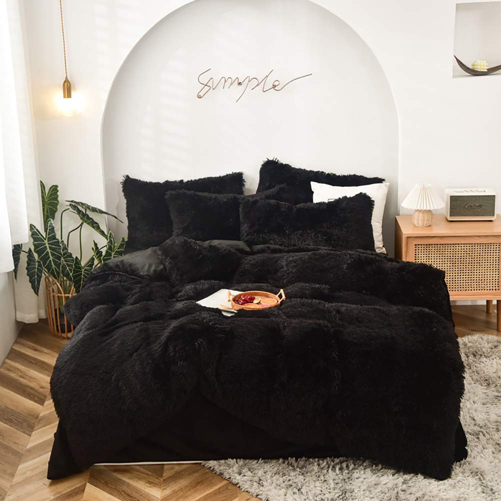 Luxury Plush Velvet Duvet Cover Set - 4 Piece Ultra Soft Mink Cashmere Bedding with Pillowcases & Flat Sheet - Winter Warm Shaggy Comforter Cover - Twin Size Black - Perfect for Cozy Bedrooms & Guest Rooms