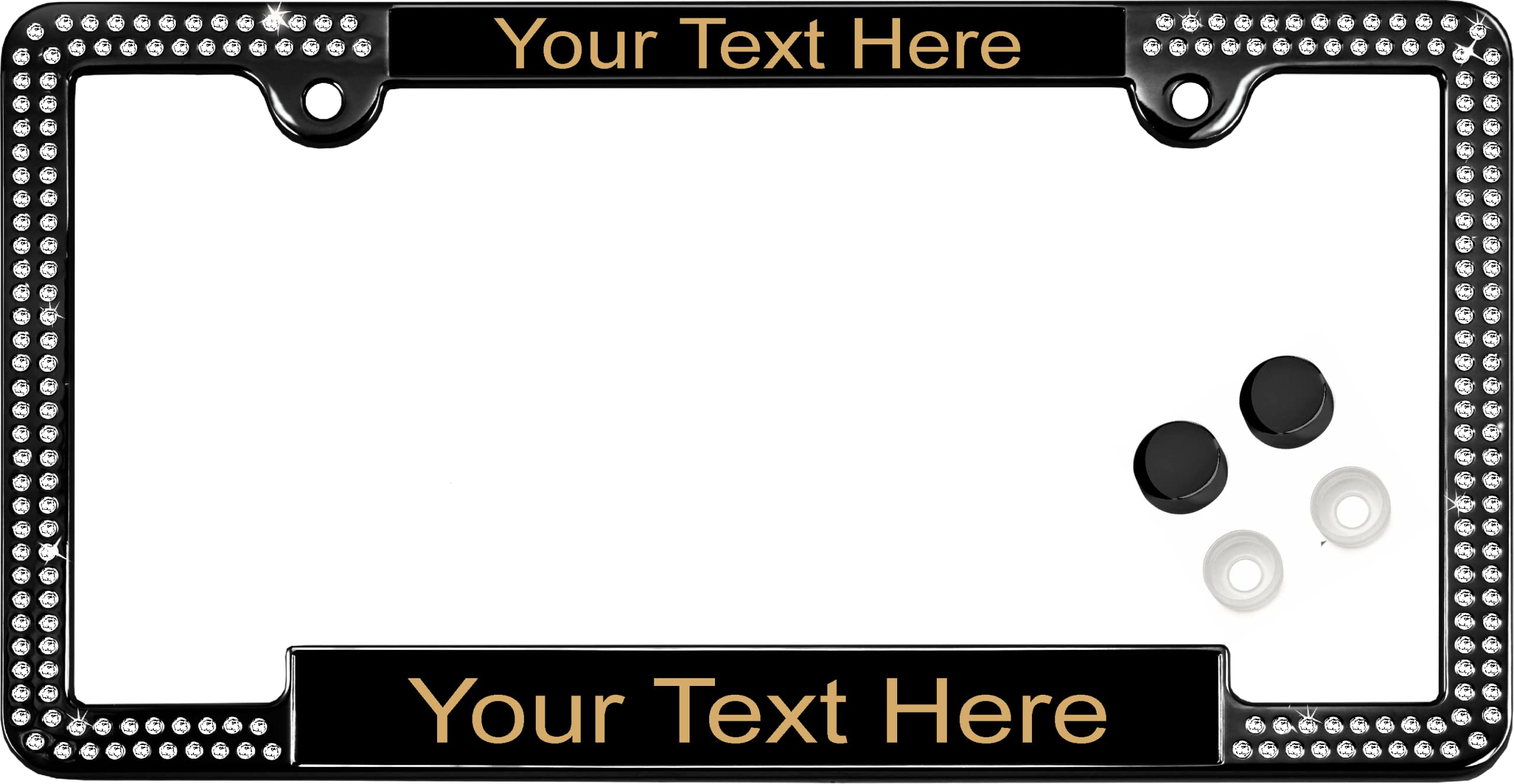 Custom Laser Engraved Black & Gold License Plate Frame with Clear Crystals - Personalized Text Design, Free Caps - Perfect for Cars, Trucks, and Motorcycles