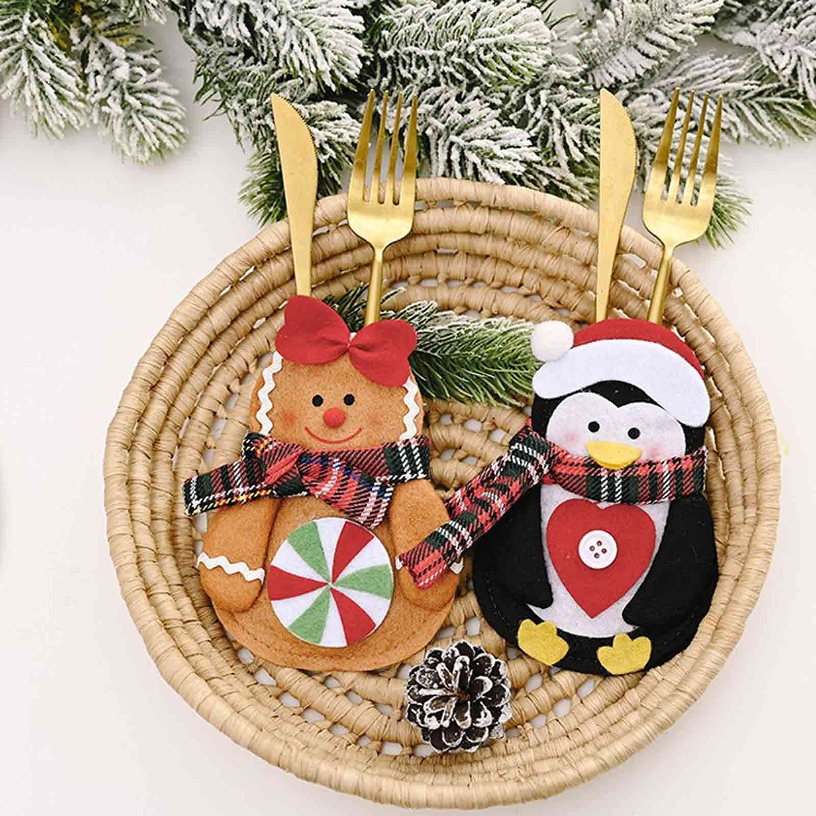 2pcs Christmas Knife and Fork Storage Bag - Cute Xmas Party Dinner Table Decor, Penguin & Gingerbread Man Silverware Holders Set - Perfect for Holiday Gatherings, Buffets and Festive Table Settings