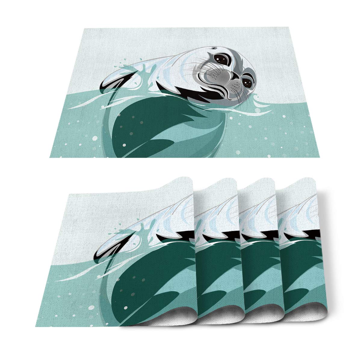 Heat-Resistant Non-Slip Placemats Set of 6 - Washable Cotton Linen Table Mats for Dining Table Decor, Kitchen & Party Use - Cute Animal Seal Design for Home, Banquet and Daily Meals