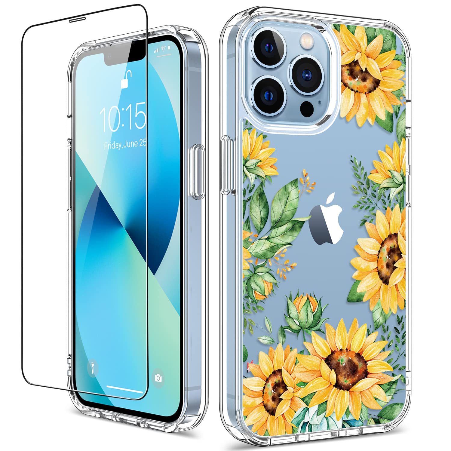 GiiKa iPhone 13 Pro Max Case with Screen Protector - 6.7 Inch Clear Shockproof Floral Design Hard Case with TPU Bumper Cover for Women & Girls (Yellow Sunflowers) - Perfect for Everyday Protection & Style