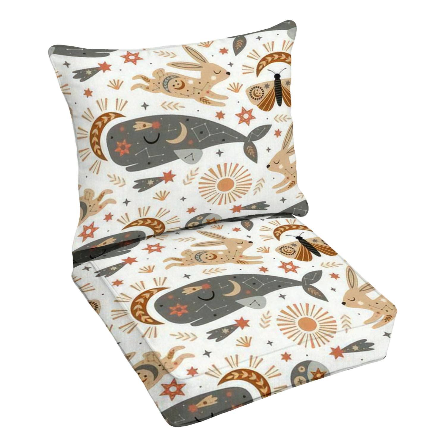 Premium Outdoor Deep Seating Cushion Set - Seamless Celestial Print with Whale, Rabbit & Moth Design - Durable Patio Furniture Replacement Cushions for Lounge Chairs & Conversation Sets - Perfect for Backyard, Poolside & Garden Relaxation