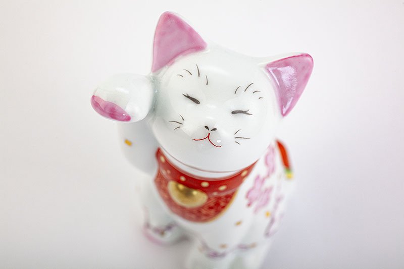 Authentic Arita Yaki Japanese Lucky Cat Figurine - Cherry Blossom Design | Handcrafted Ceramic Maneki Neko for Home Decor, Office Feng Shui & Gift Giving