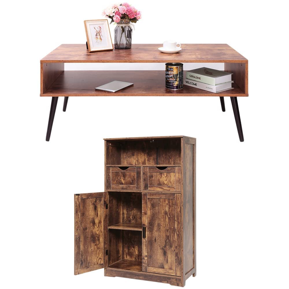 Mid Century Coffee Table with Storage - Boho Sideboard for Living Room & Bedroom