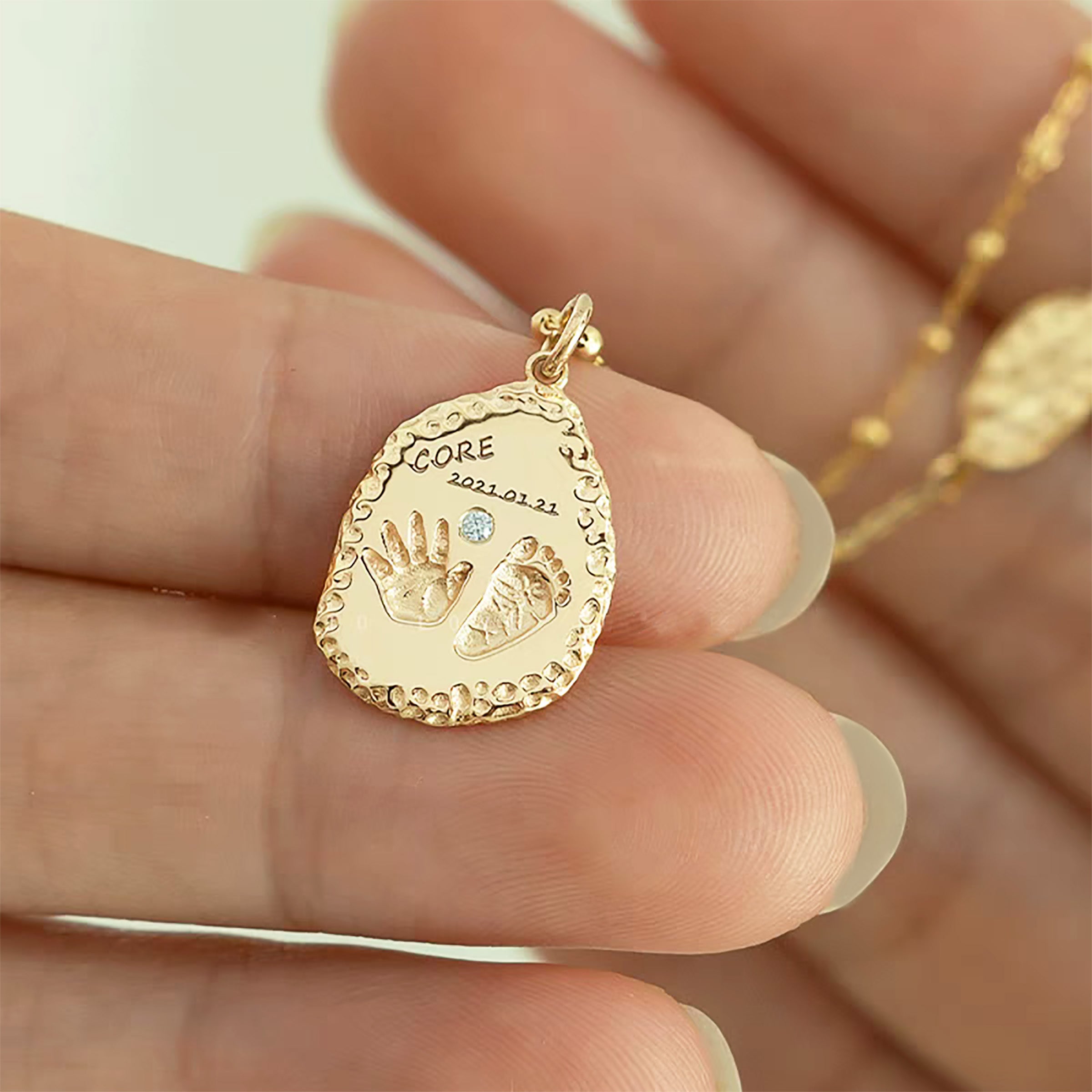 Solid Gold Footprint Necklace - Personalized Custom Jewelry for Women - Unique Hand & Footprint Pendant - Perfect Gift for Mom, Grandma & Newborn Baby - Ideal for Mother's Day, Baby Shower & Birthday Gifts