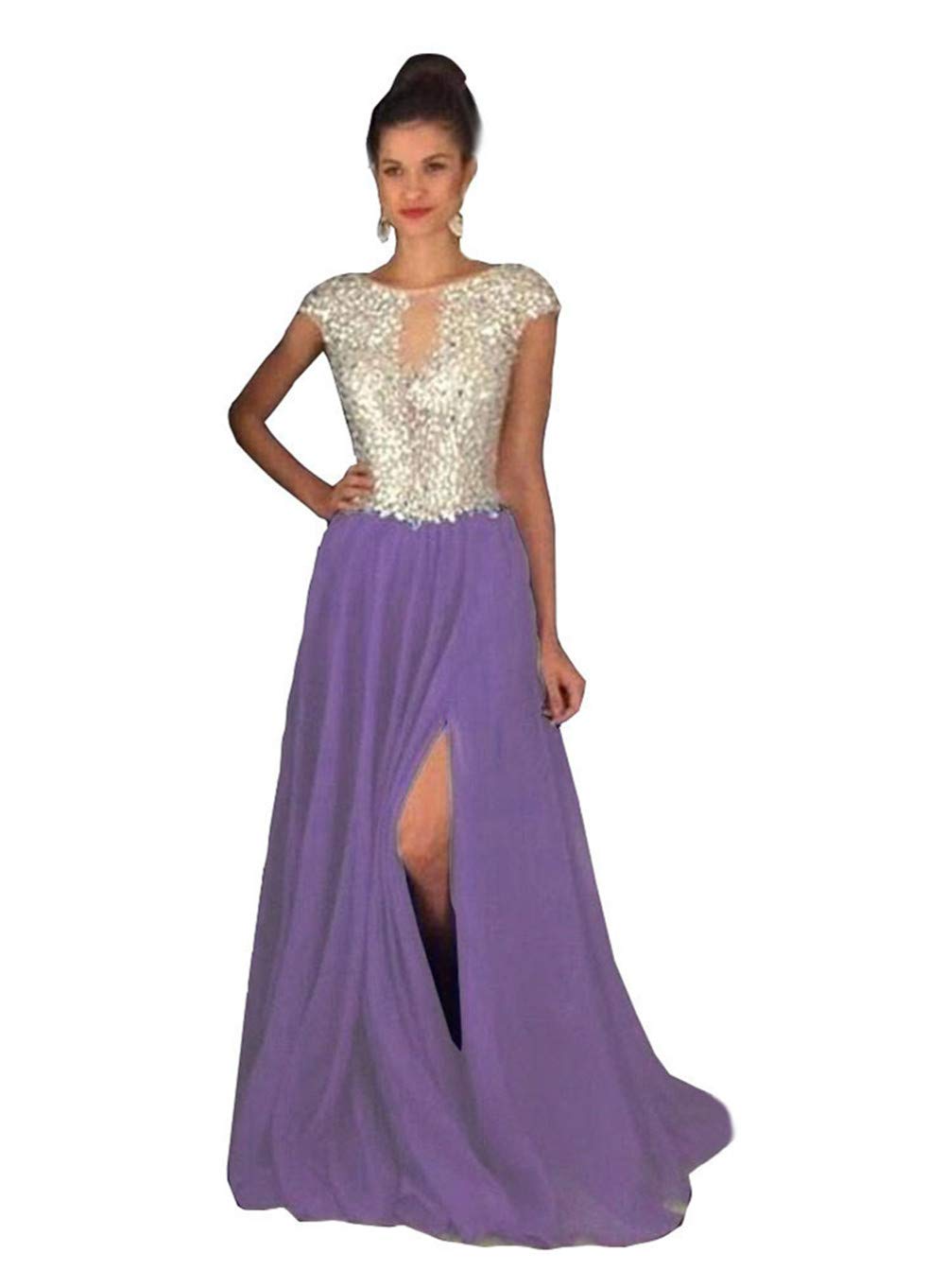 Emanni Women's Elegant Purple Chiffon Prom Dress with High Slit - Long Formal Evening Gown for Homecoming, Wedding Guest, and Special Occasions