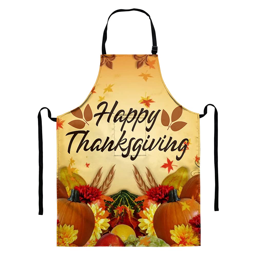 UNICEU Thanksgiving Apron for Women & Men - Adjustable Neck Strap with Pocket - Pumpkin Harvest Print Kitchen Bib - Perfect for Holiday Cooking, Baking & Hosting Parties