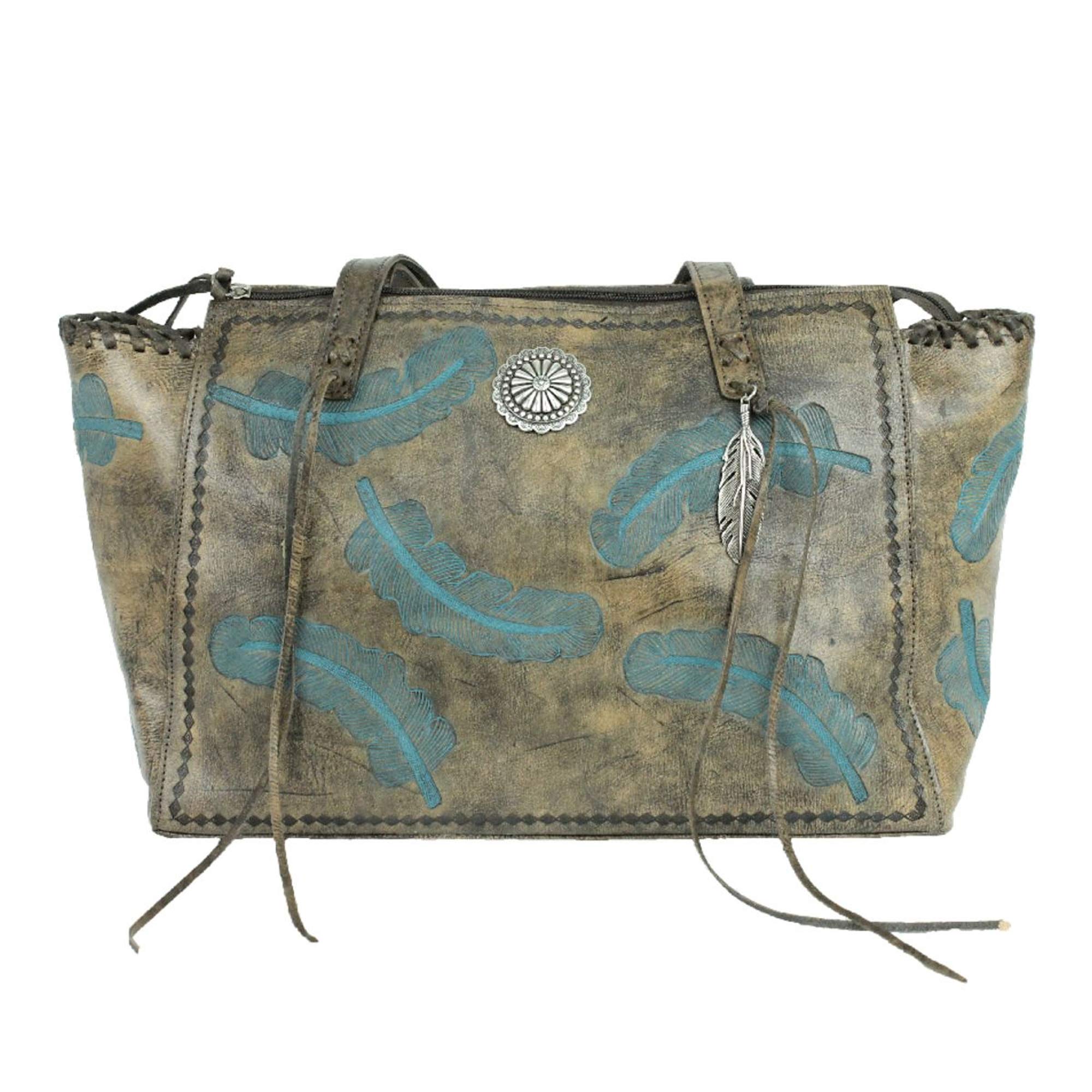 American West Leather Large Shopper Tote Bag with Purse Holder - Charcoal Brown Feathers Design - Concealed Carry Handbag for Women | Perfect for Work, Travel & Everyday Use