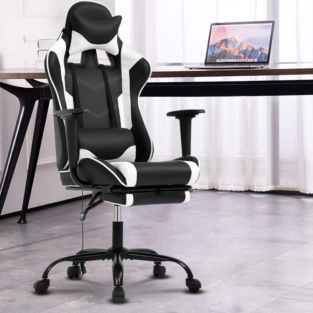 Ergonomic Gaming & Office Chair - High Back Computer Desk Chair with Lumbar Support, Retractable Footrest & PU Leather - Adjustable Swivel Racing Style Chair for Adults (White) - Perfect for Home Office, Gaming Setup & Workstation Comfort