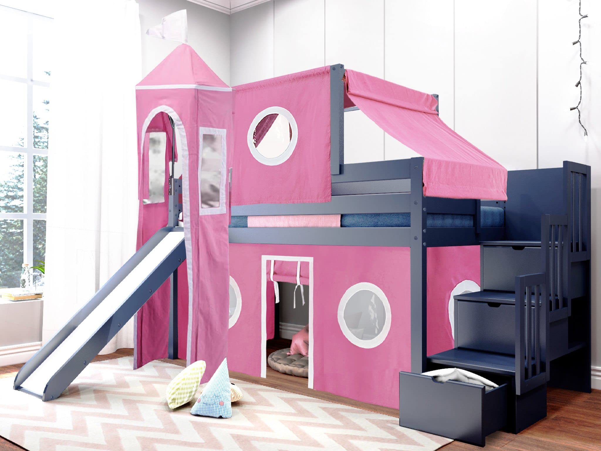 Princess Low Loft Stairway Bed with Slide - Pink & White Tent & Tower Twin Loft Bed in Blue | Perfect for Kids' Bedrooms & Playrooms