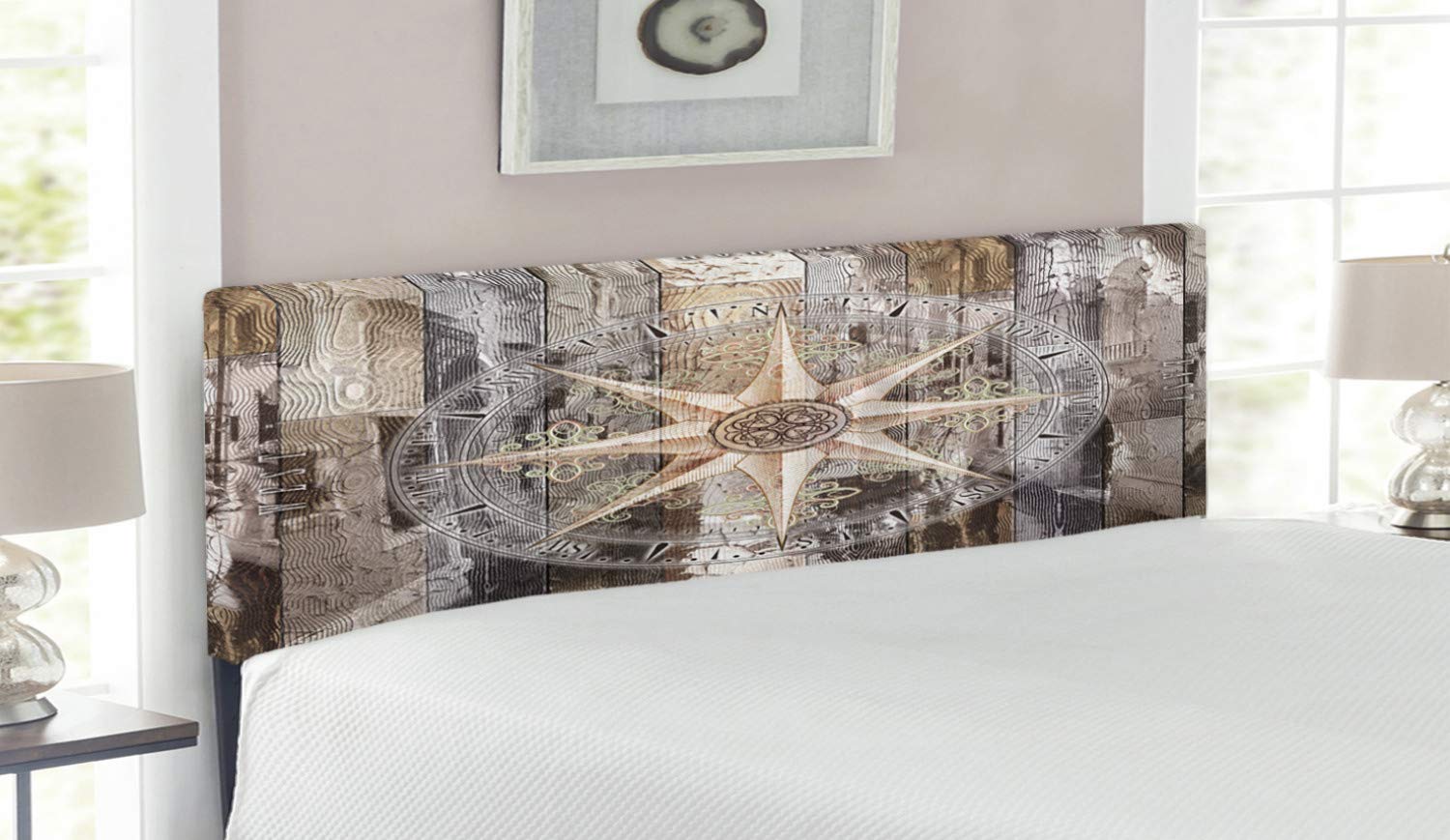 Ambesonne Marine Life Upholstered Headboard - Navy Blue Sea Life Yacht Theme with Wood Backdrop & Compass Design - Queen Size Brown Memory Foam Bed Headboard for Coastal & Nautical Bedroom Decor
