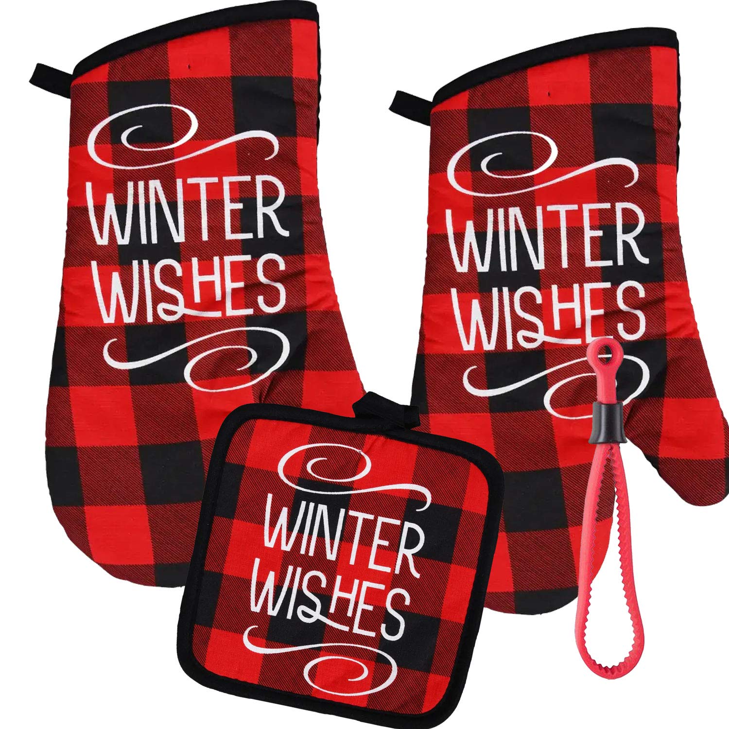 Christmas Themed Black and Red Oven Mitt and Pot Holder Set - Decorative Winter Wishes Kitchen Linens for Baking, Cooking & Holiday Decor