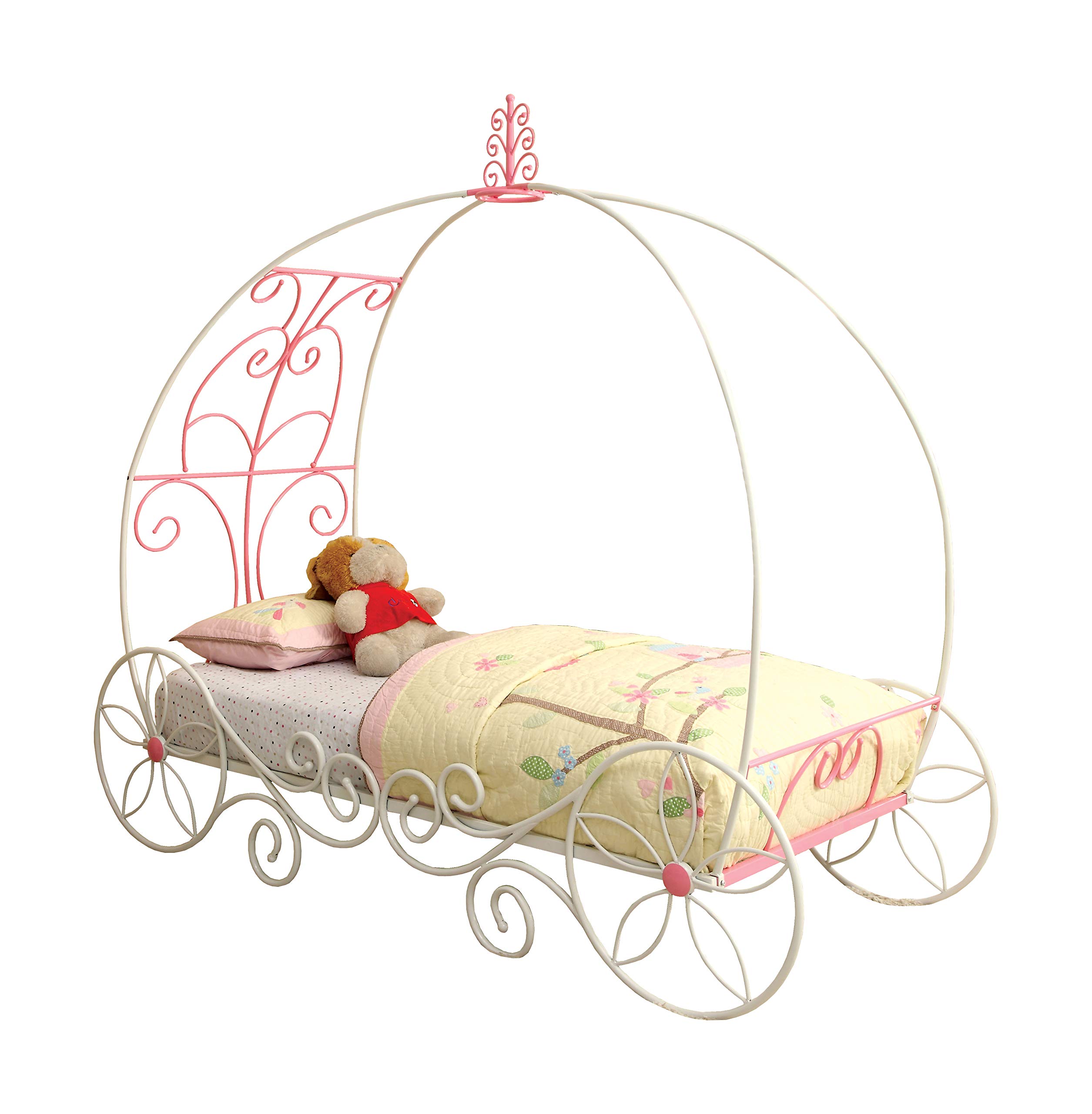 Furniture of America Ashley Fairy Tale Carriage Twin Bed - Pink & White Princess Bed for Girls' Bedroom Decor & Kids' Fantasy Sleep Space