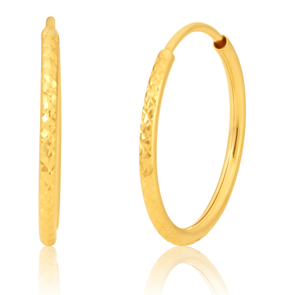9ct Gold Diamond Cut Hoop Earrings for Women - Elegant Dangle Hoops for Everyday Wear & Special Occasions