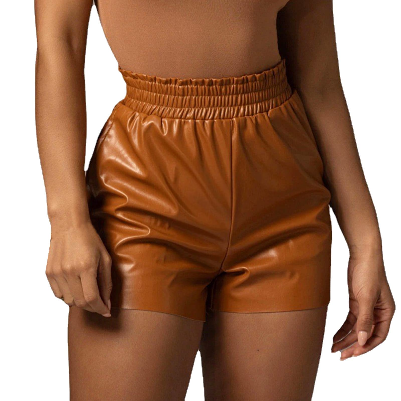 Women's Running Shorts - High Waist Elastic PU Leather Athletic Shorts with Pockets for Gym, Yoga & Casual Wear