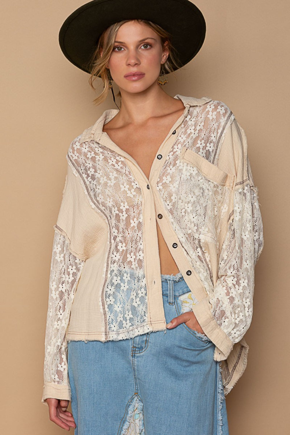 Bohemian Lace Button Down Shirt for Women - Flowy Beach Cover Up, Summer Vacation Outfit, Casual Boho Blouse for Travel & Outdoor Activities