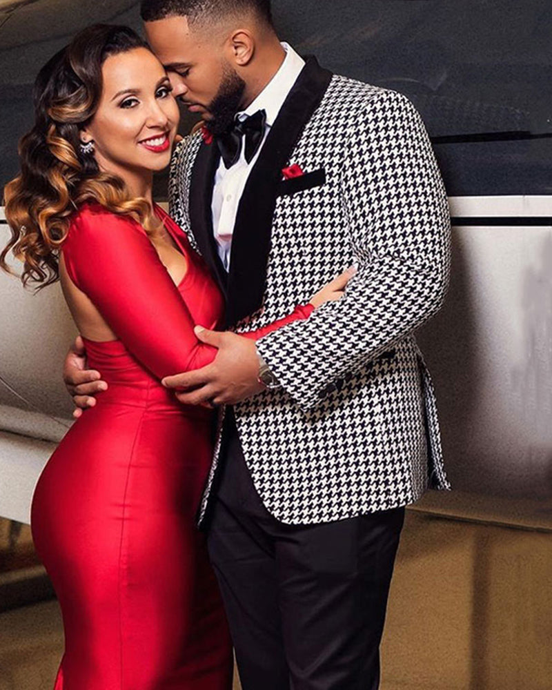 Men's Black Velvet Lapel Houndstooth Tweed Suit Set - 2 Piece Formal Blazer & Pants for Wedding, Business, and Special Occasions