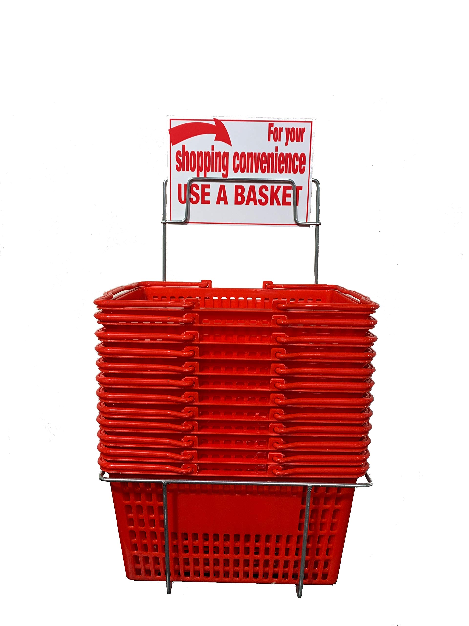 12-Pack Durable Red Plastic Shopping Baskets with Metal Stand & Sign - Heavy Duty Rectangular Store Baskets for Retail, Supermarkets & Farmers Markets