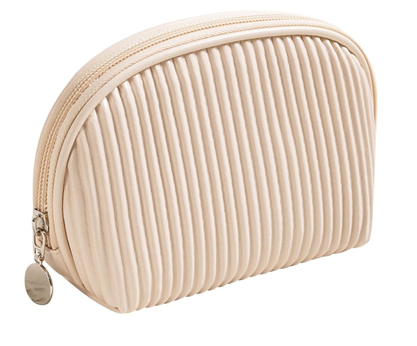 BLUE BEADS Small Quilted Makeup Bag for Women - Mini Cosmetic Pouch, Travel Beauty Organizer with Zipper - Portable Cute Handbag (Beige, 15x6.5x12 cm) - Perfect for Travel, Daily Makeup Storage & Gift Giving