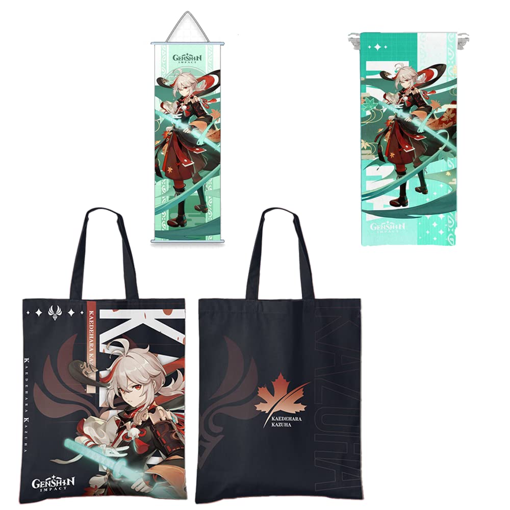 Genshin Impact Merchandise Gift Set - Canvas Tote Bag, Wall Scroll & Towel - Anime Collectibles for Fans | Perfect for Gaming Room Decor, Cosplay Accessories & Anime Conventions