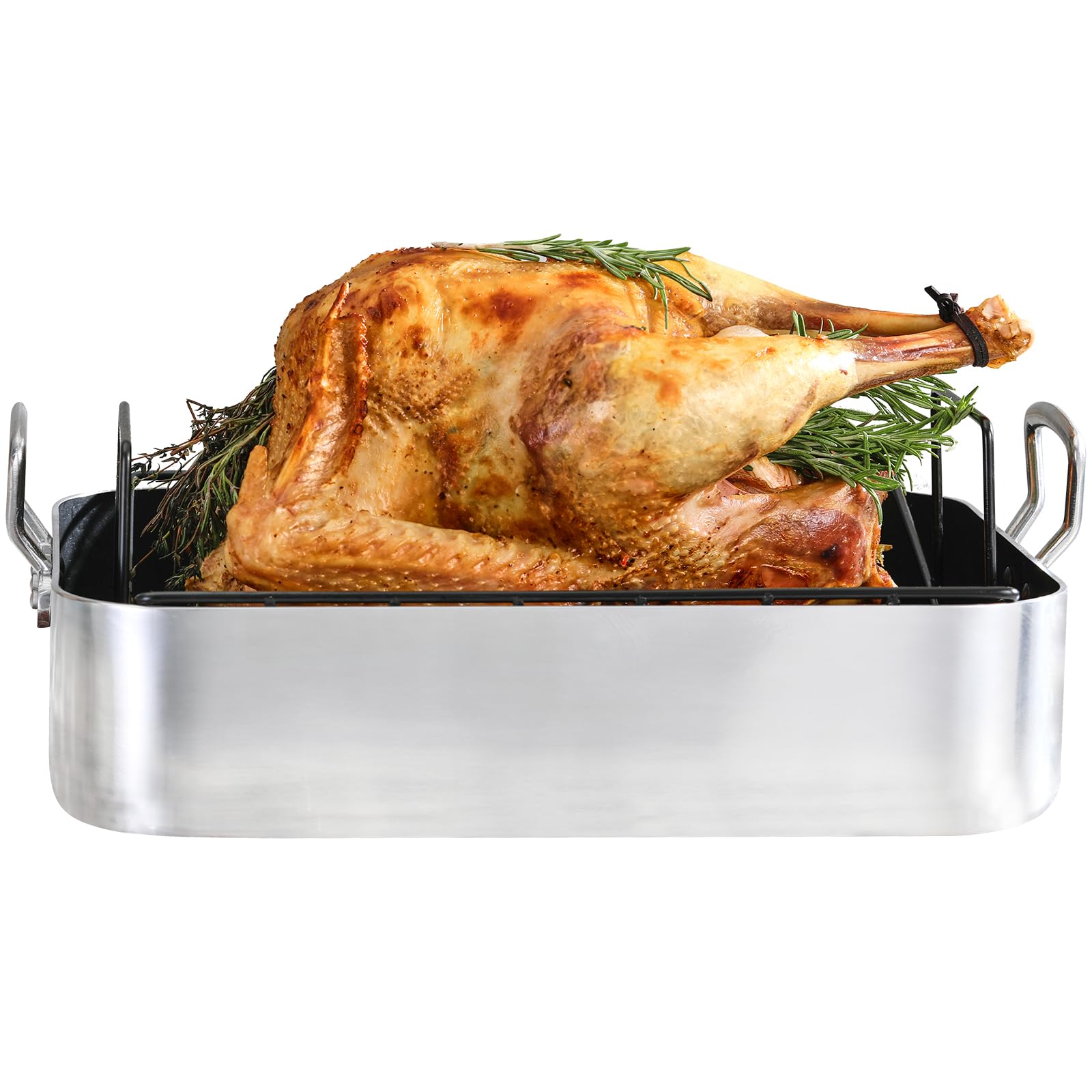 Premium KITESSENSU Hard Anodized Nonstick Roasting Pan with Rack - 16 x 12 Inch Aluminum Turkey Roaster Baking Pan for Oven - Oven Safe & Stovetop Compatible Cookware - Perfect for Thanksgiving, Christmas, Roasting Chicken, Turkey, Vegetables & Baking (Silver)