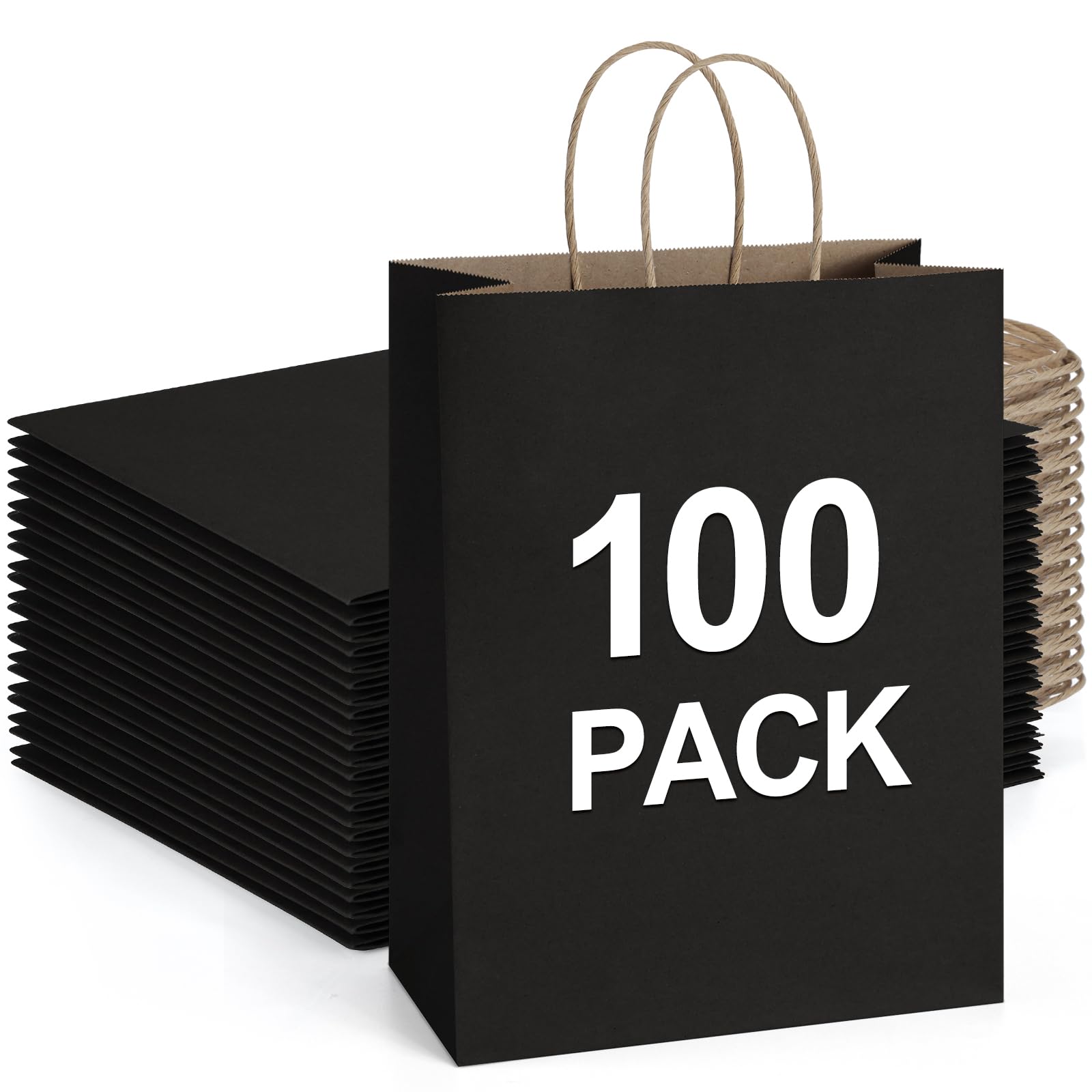100-Pack 10x5x13 Inch Black Kraft Paper Bags with Handles - Eco-Friendly Recycled Shopping Bags for Retail, Gifts, Parties & Merchandise | Perfect for Boutique Packaging, Wedding Favors & Holiday Gift Bags