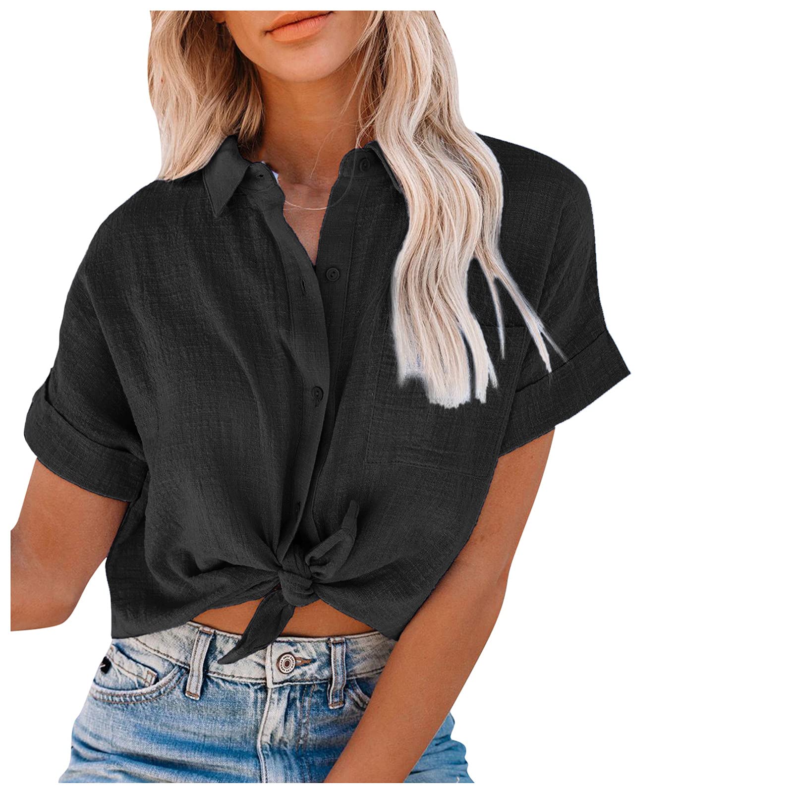 LOOKAA Women's Boho Casual Summer Linen Shirt - Short Sleeve Loose Button Up Blouse, Kawaii Solid Tee Tops for Women | Perfect for Beach Outings, Picnics & Casual Wear