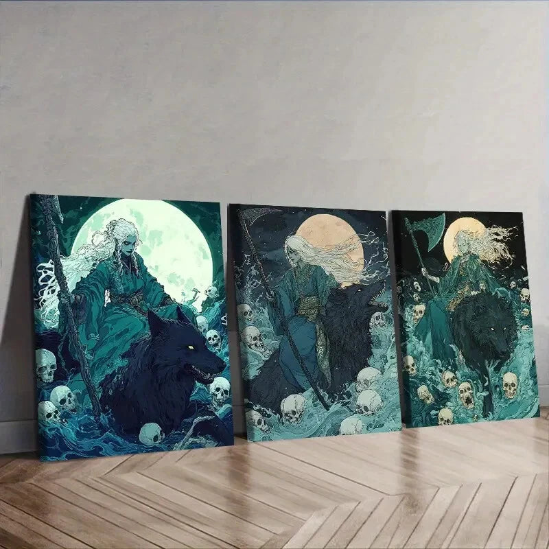 3-Piece Gothic Fantasy Wolf Wall Art Set - Moonlit Wolves Canvas Prints 40x60cm Framed - High Quality Australian Made Ready to Hang Wall Decor for Living Room, Bedroom & Office